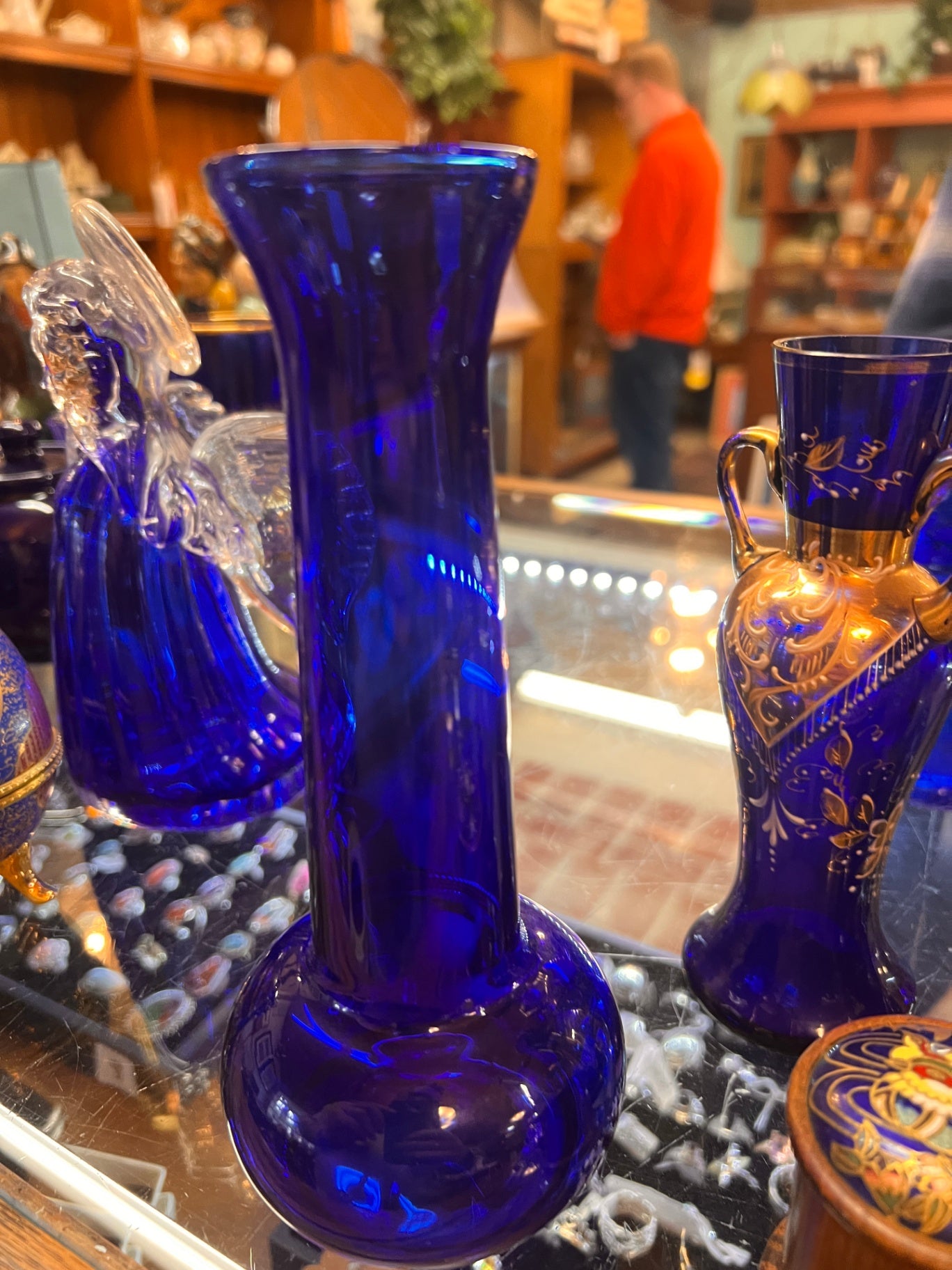 Tall Cobalt Blue Glass Vase with Flared Rim and Rounded Base