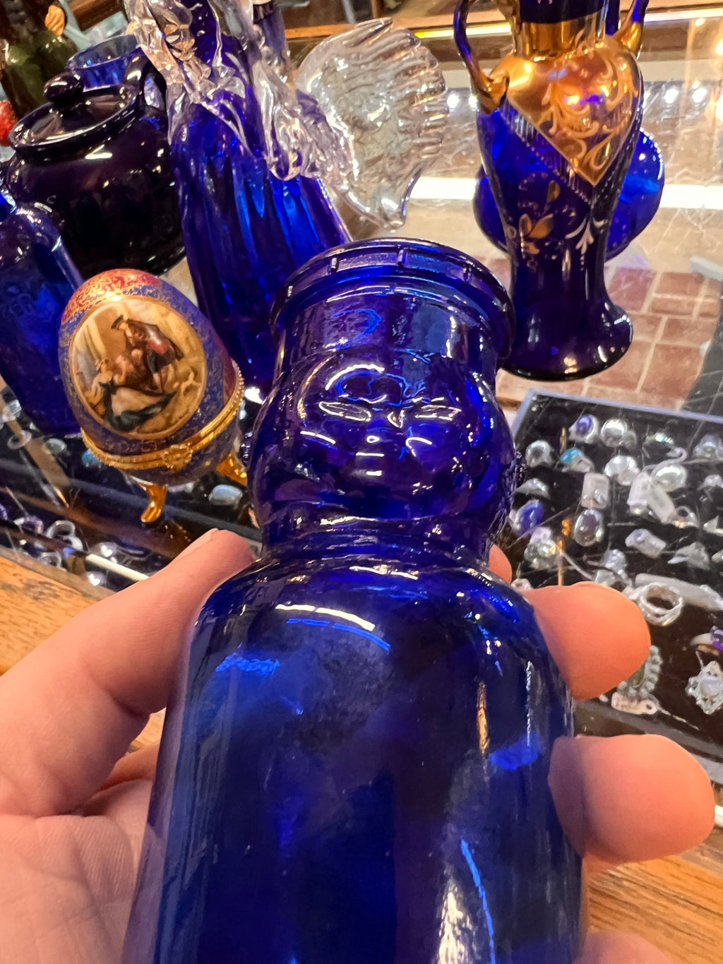 Antique Cobalt Blue Figural Bottle with Molded Face Top – Rare Decorative Glass, Late 19th / Early 20th Century