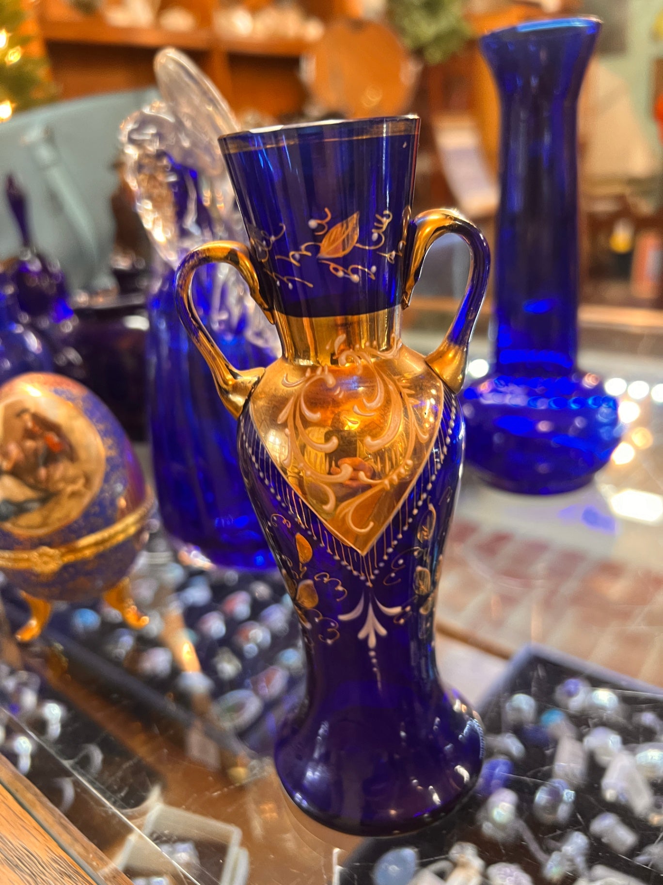 Cobalt Blue and Amber Gilded Art Glass Vase with Twin Handles