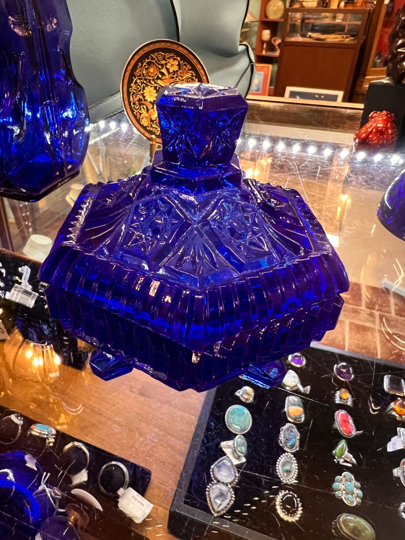 Art Deco–Style Cobalt Blue Pressed Glass Vanity / Trinket Box
