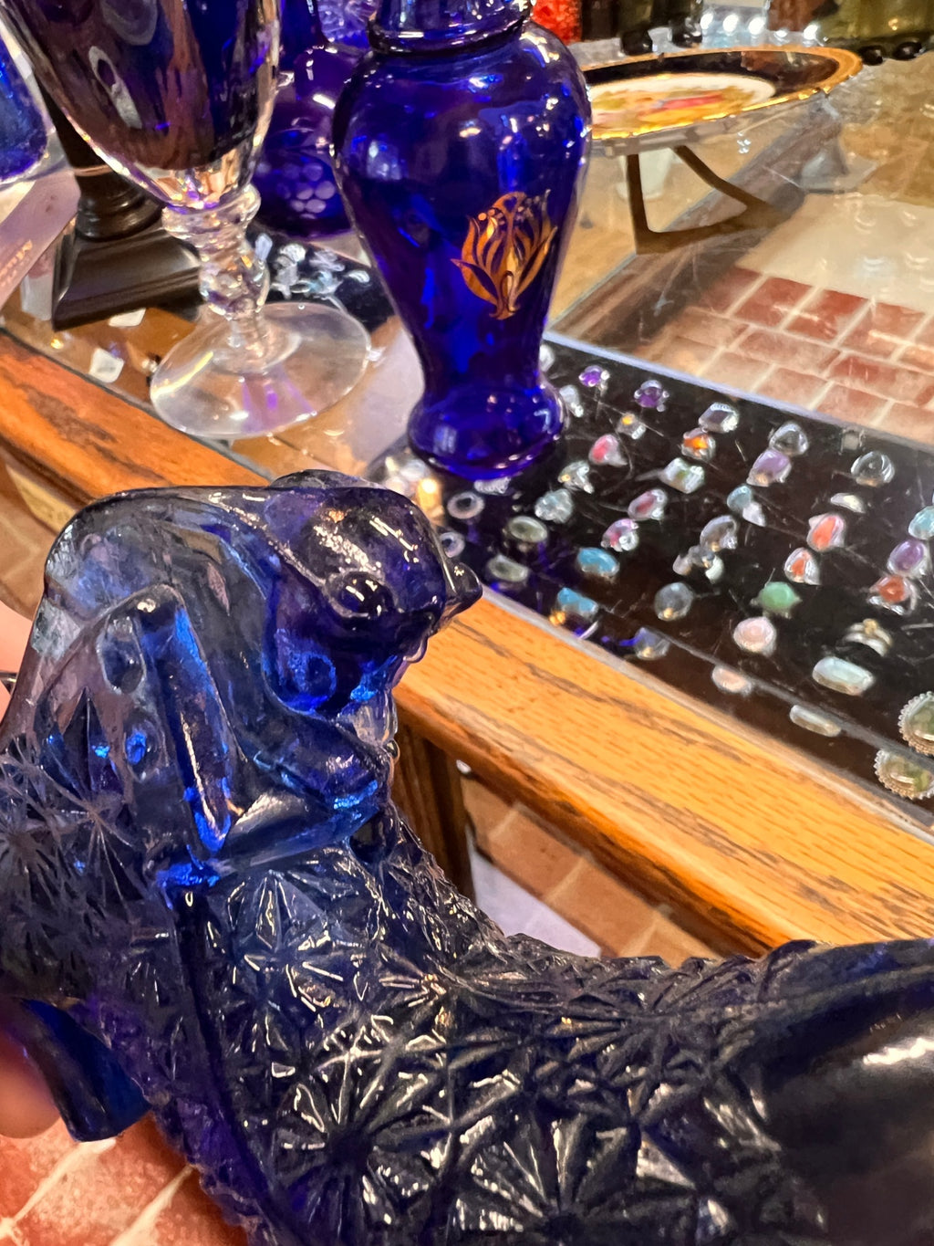 Antique Cobalt Blue Pressed Glass Boot with Figural Squirrel Head