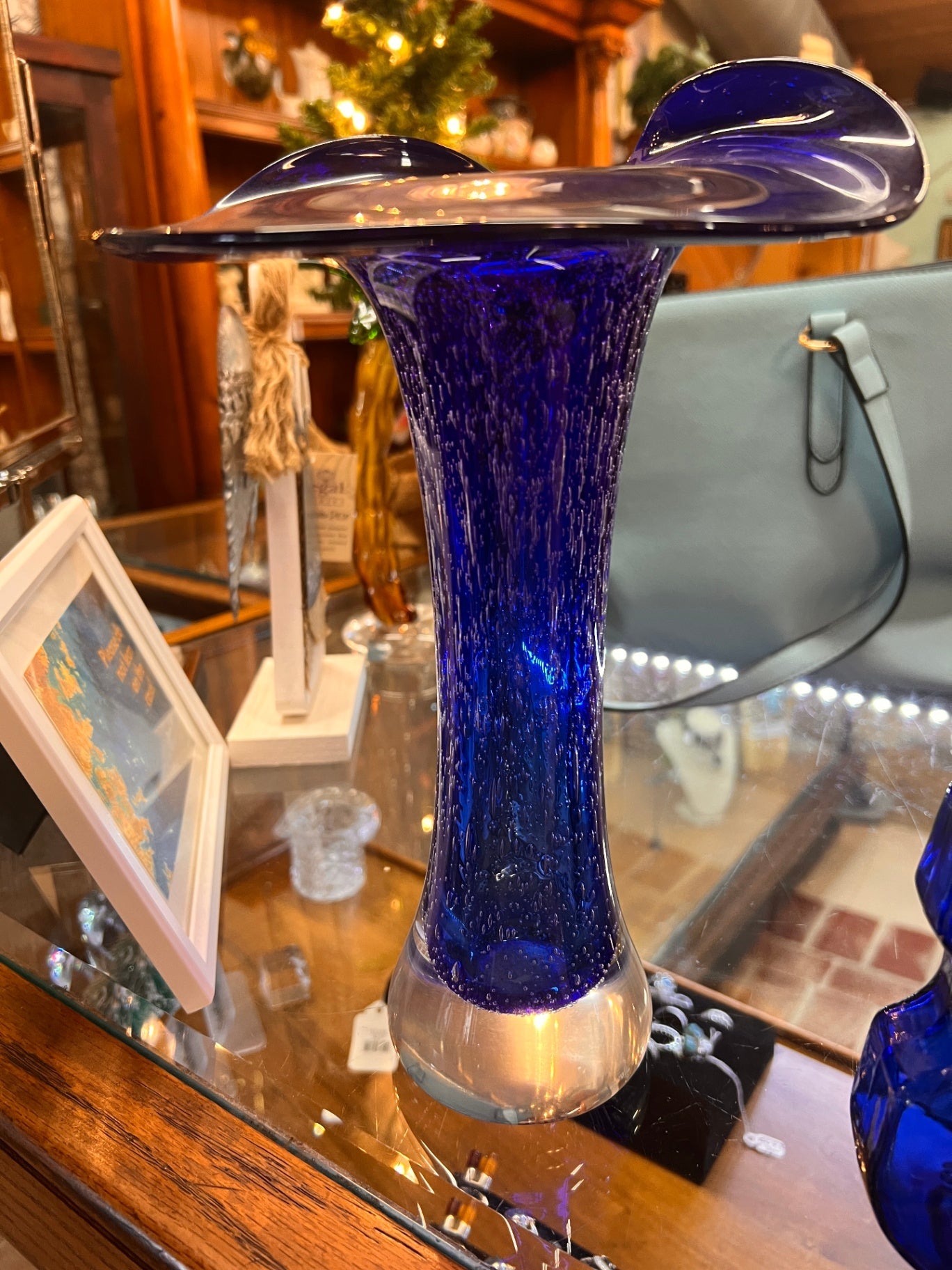 Czech Blue Art Glass 10" Vase. Controlled Bubble