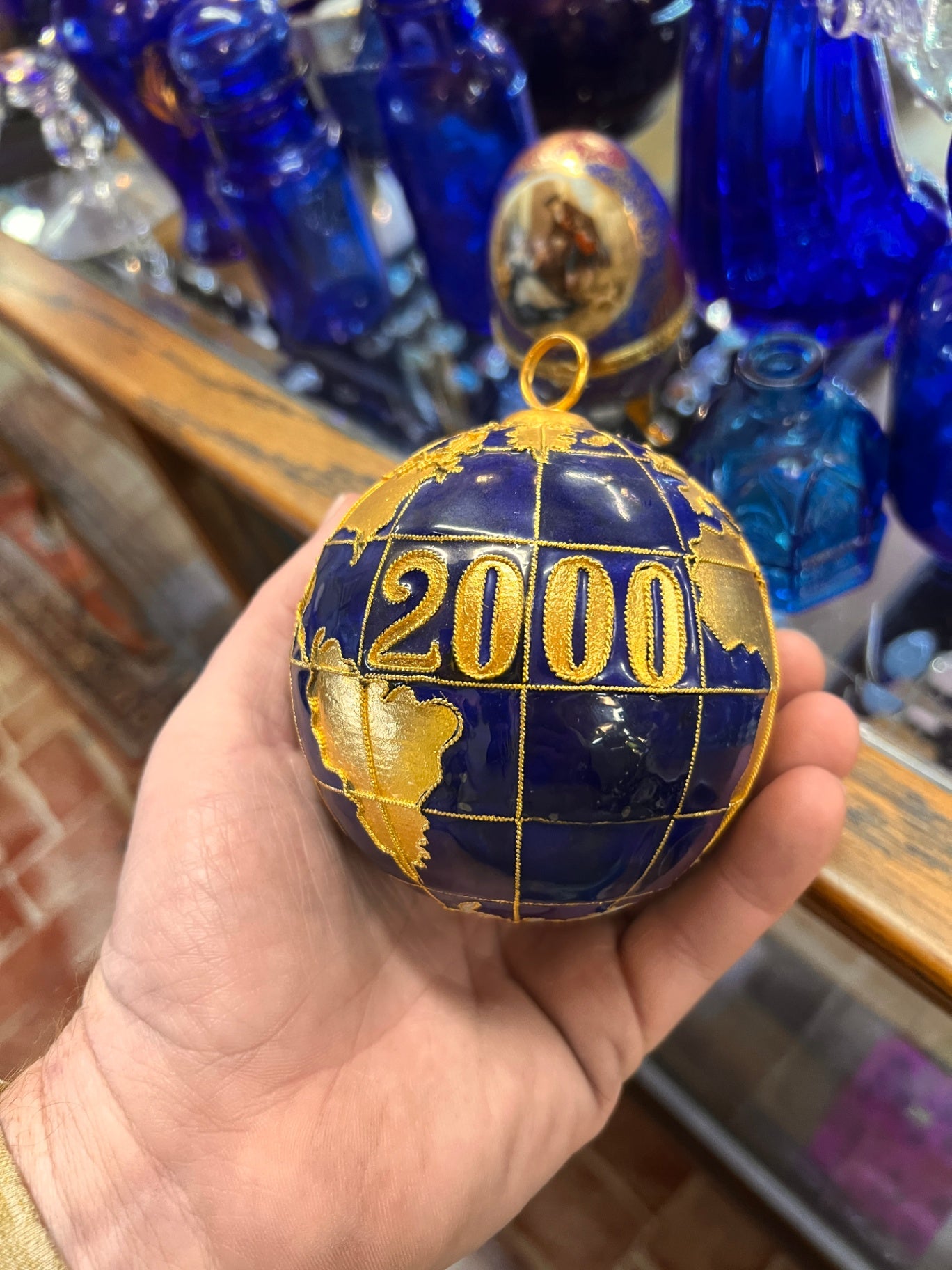 Cobalt Blue Millennium Globe Ornament – Year 2000 Gilt World Map Glass Sphere