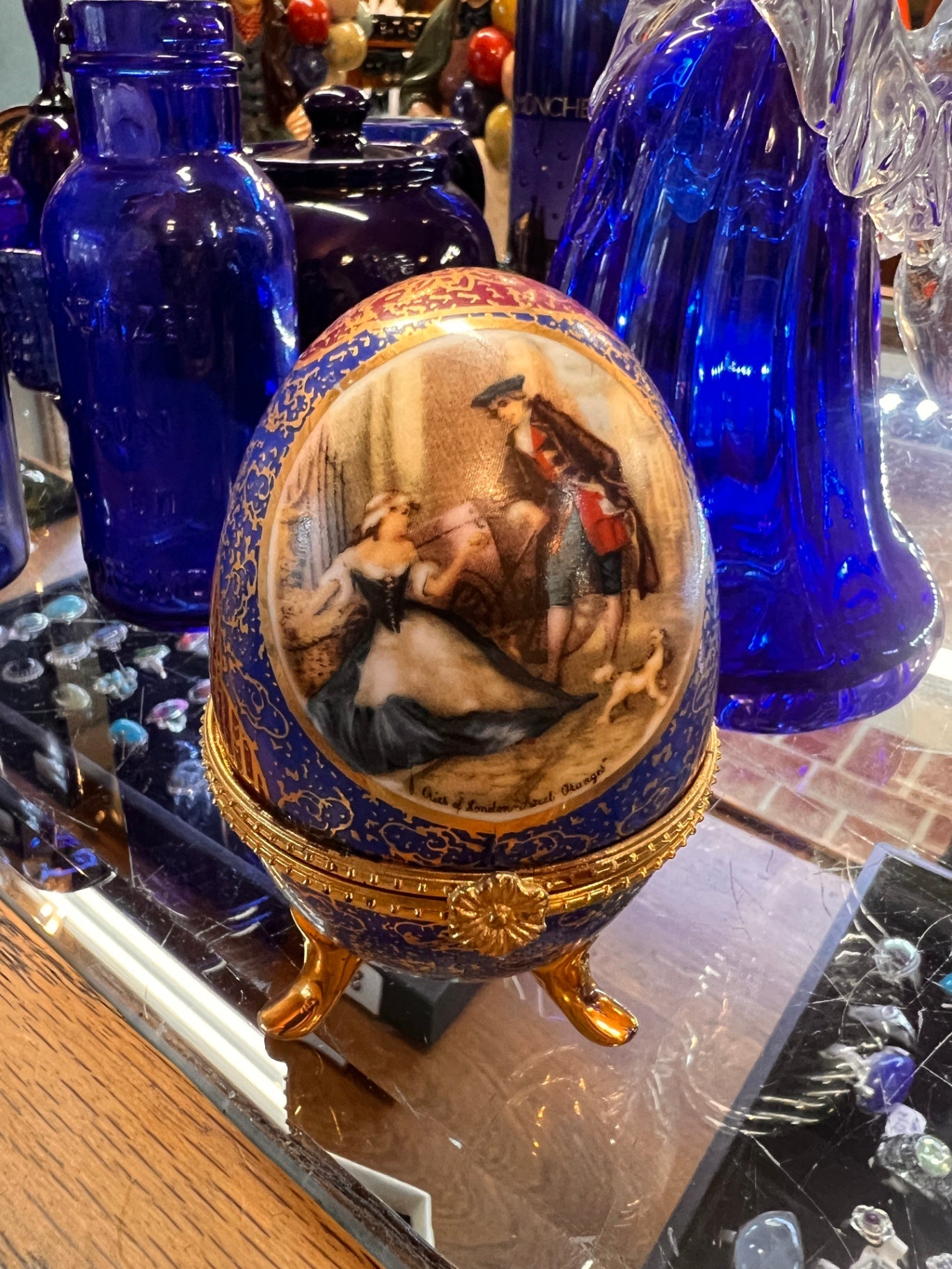 Decorative Porcelain Egg Trinket Box with Rococo Courtship Scene and Gilt Mounts