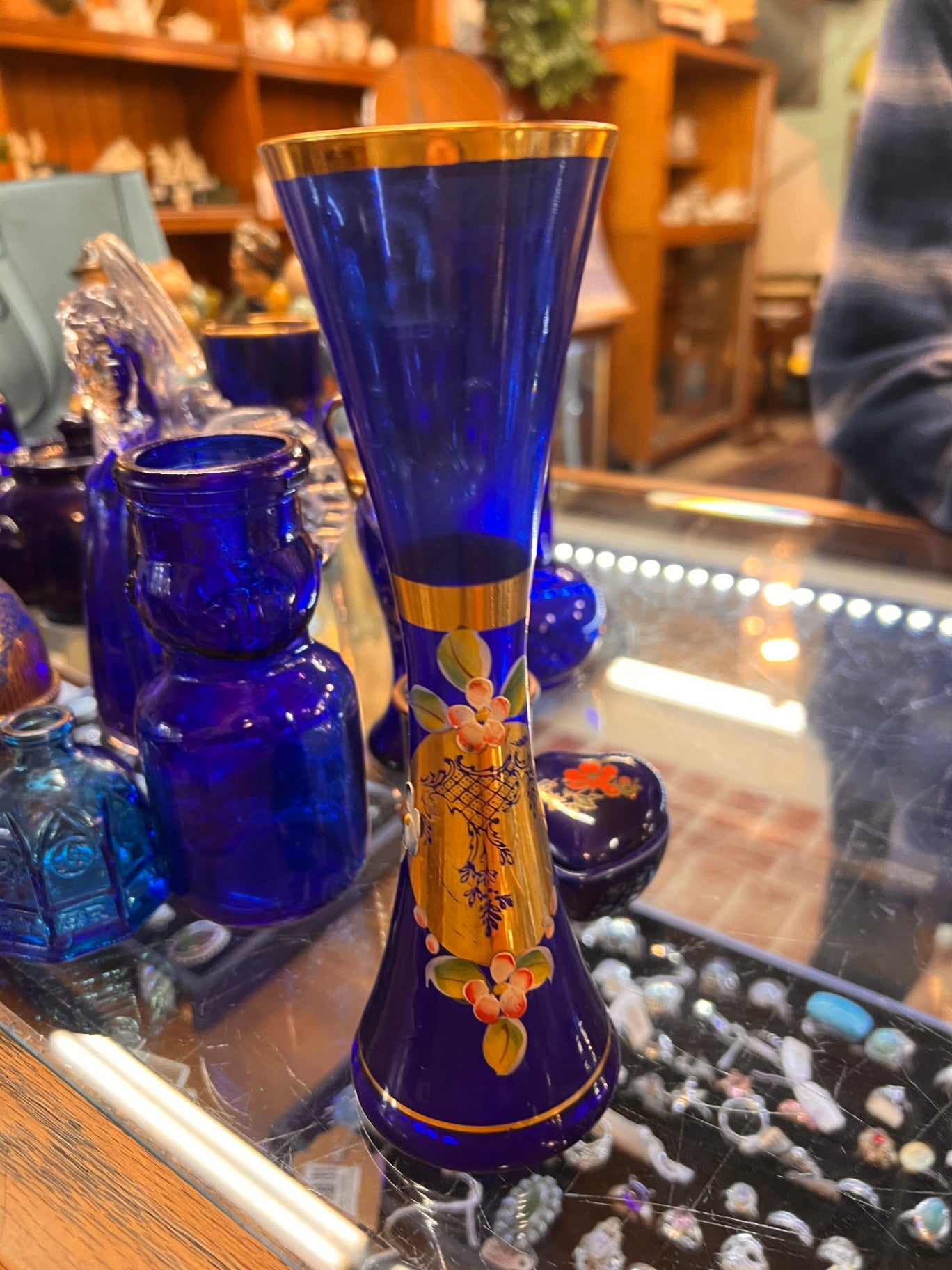 Cobalt Blue Bohemian Style Gilt & Enamel Floral Trumpet Vase