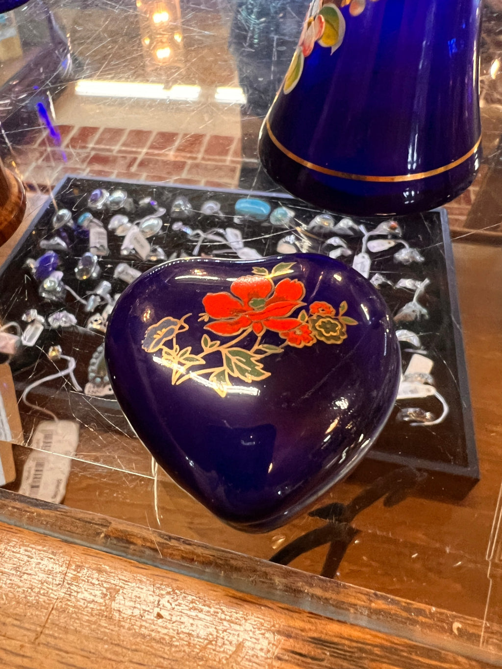 Vintage Cobalt Blue Heart-Shaped Ceramic Trinket Box with Hand-Painted Floral Decoration