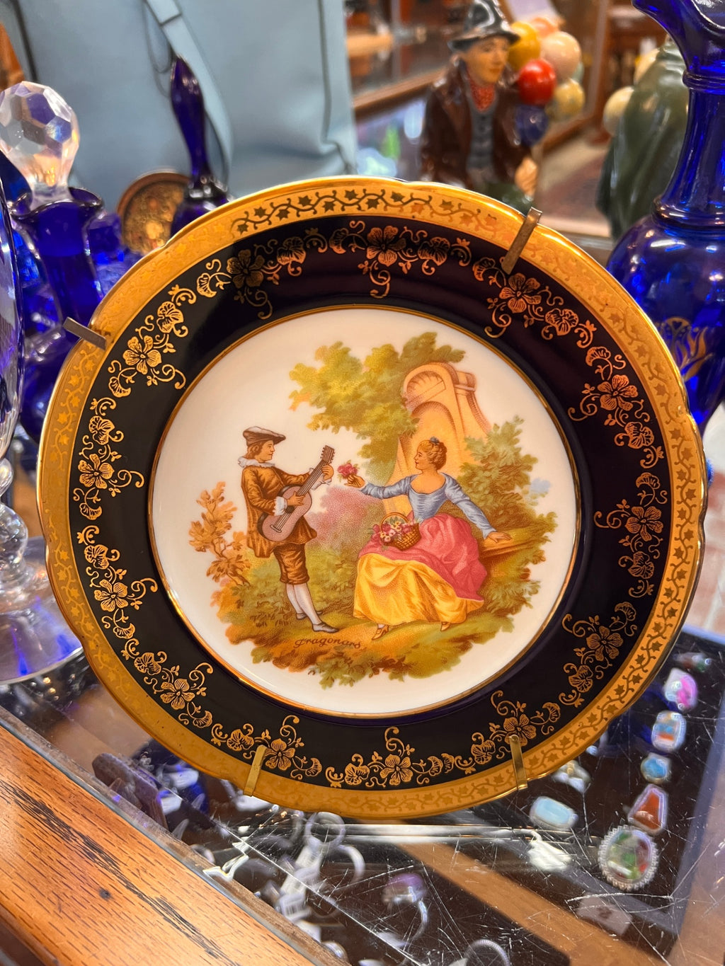 Limoges-Style Fragonard Scene Porcelain Cabinet Plate with Cobalt & Gold Border