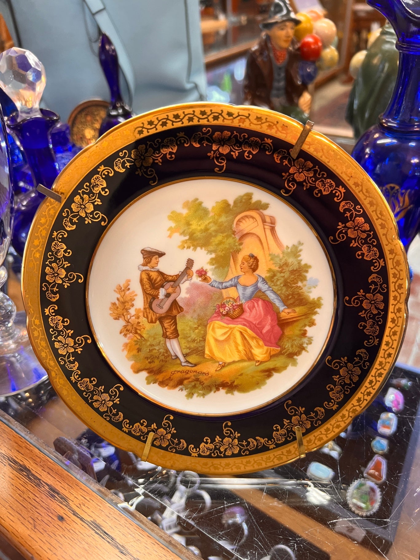 Limoges-Style Fragonard Scene Porcelain Cabinet Plate with Cobalt & Gold Border