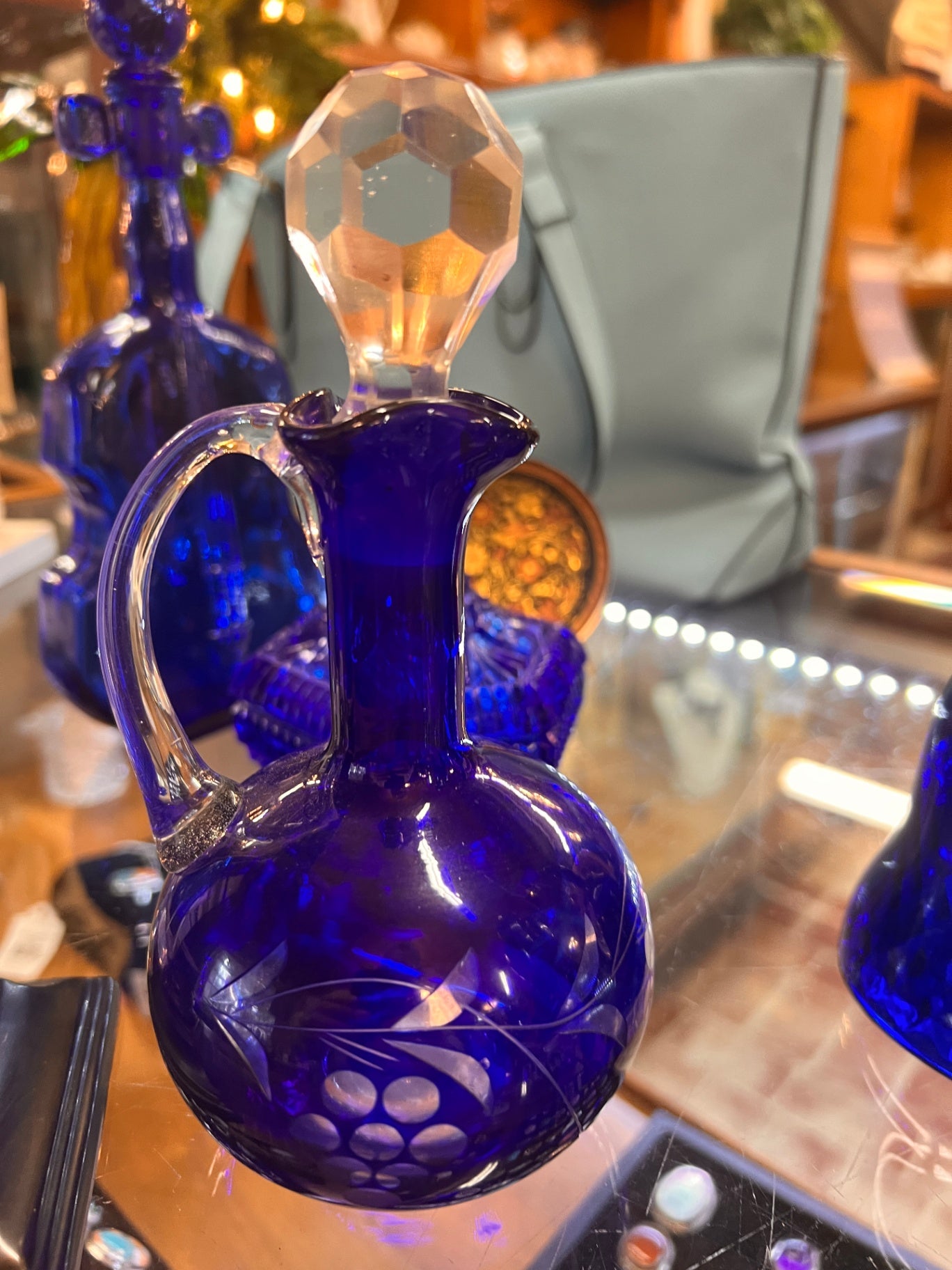 Antique Czech Bohemian Cobalt Blue Cut to Clear Glass Hand Blown Cruet Bottle