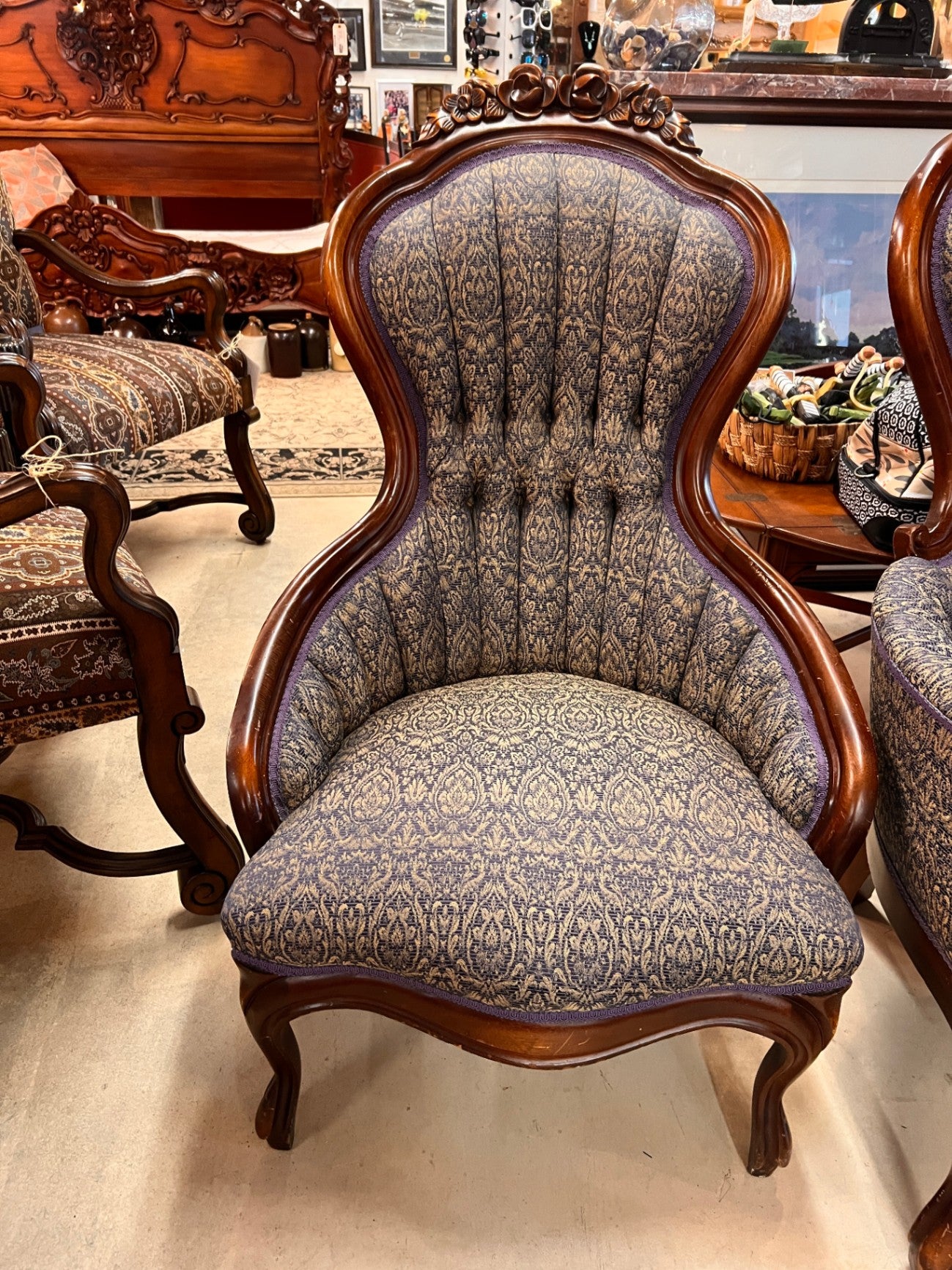 Chair, Victorian Parlor Rosewood Blue and Brown modern fabric