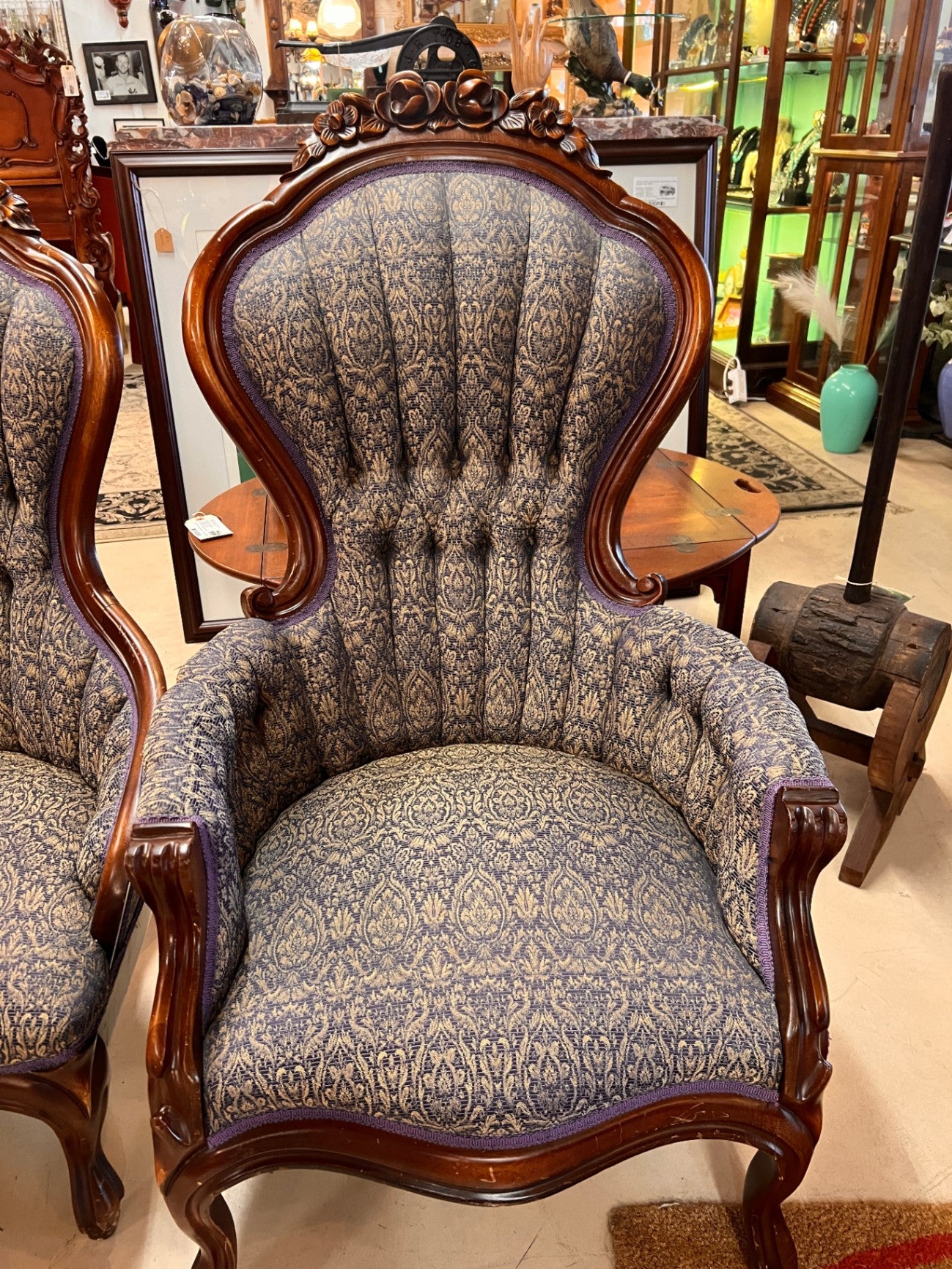 Chair, Victorian Parlor Rosewood Blue and Brown modern fabric
