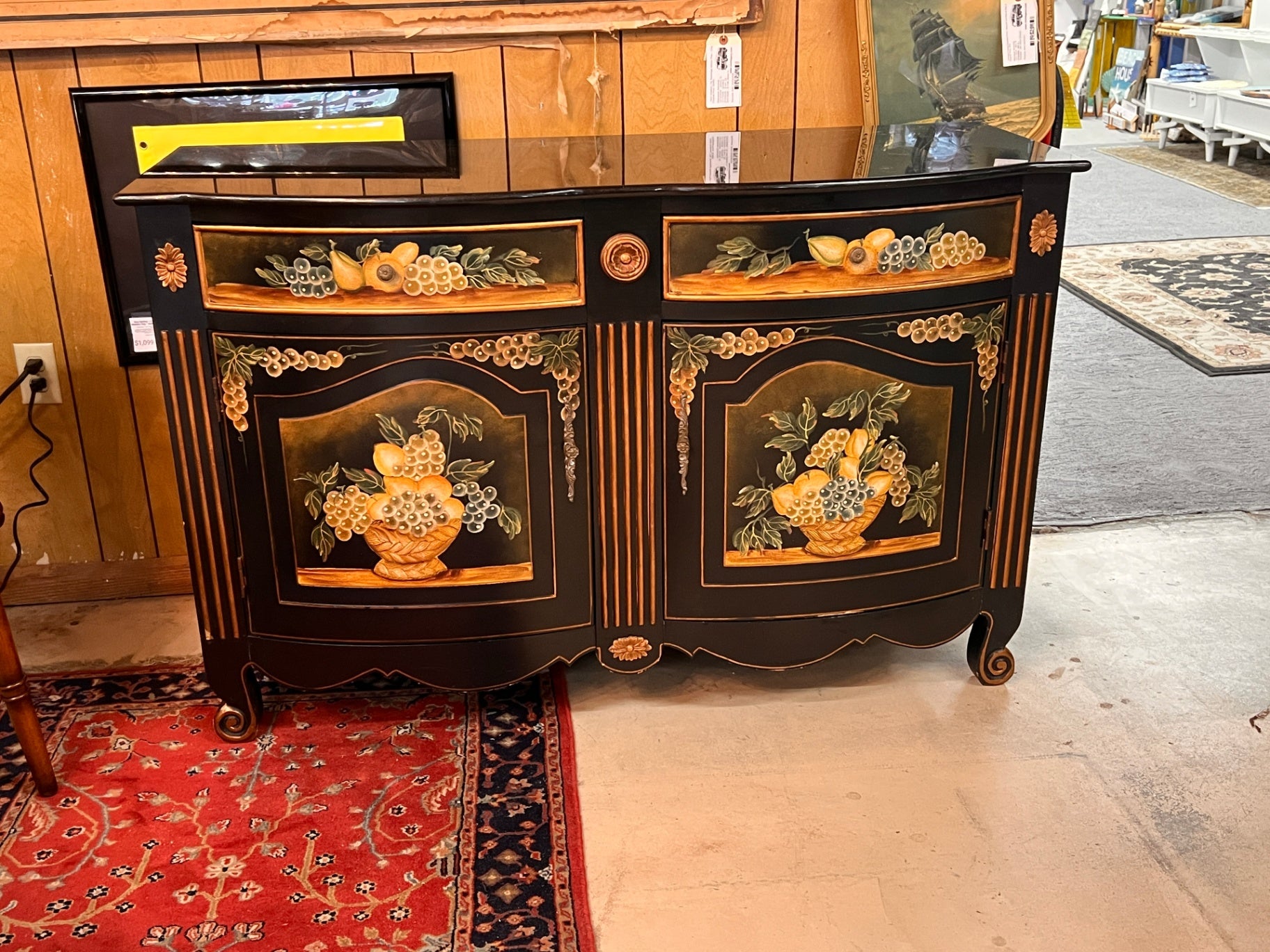 Vintage wood/marble top hand painted cabinet-Painted Treasures Stein World Furniture -52”wide-19.5”deep-34”height