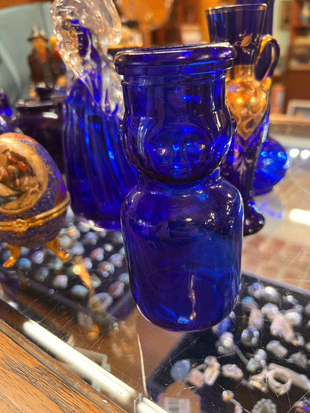Antique Cobalt Blue Figural Bottle with Molded Face Top – Rare Decorative Glass, Late 19th / Early 20th Century