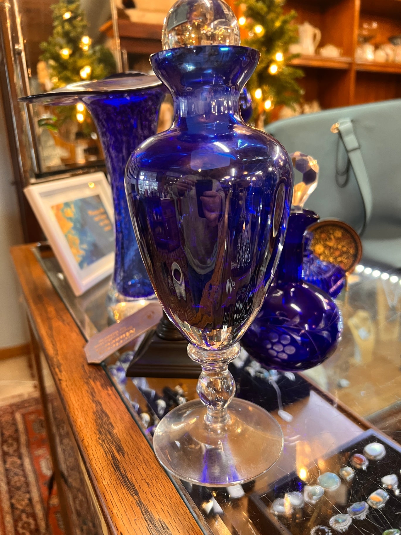 Cobalt Blue Art Glass Apothecary–Style Vase with Clear Stem and Stopper