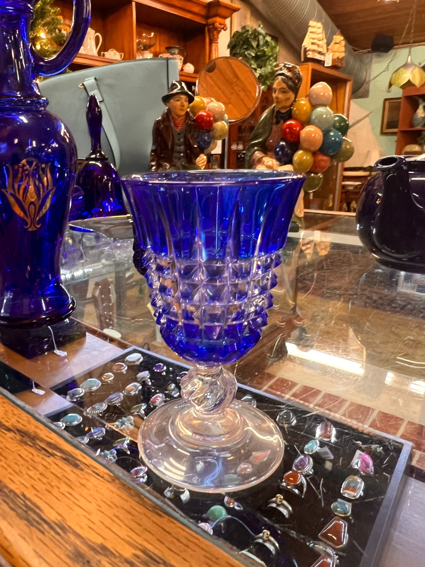 Cobalt Blue Pressed Glass Compote with Clear Pedestal Base
