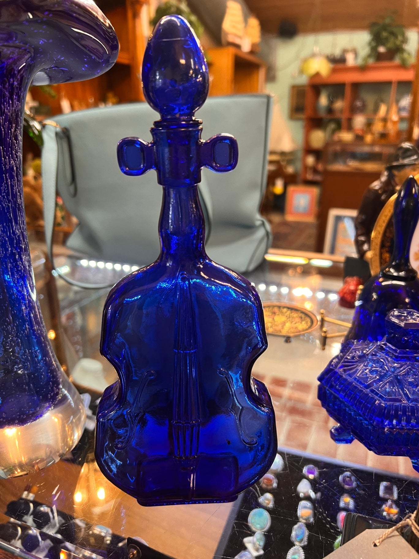 Vintage Cobalt Blue Art Glass Violin Bottle Bud Vase