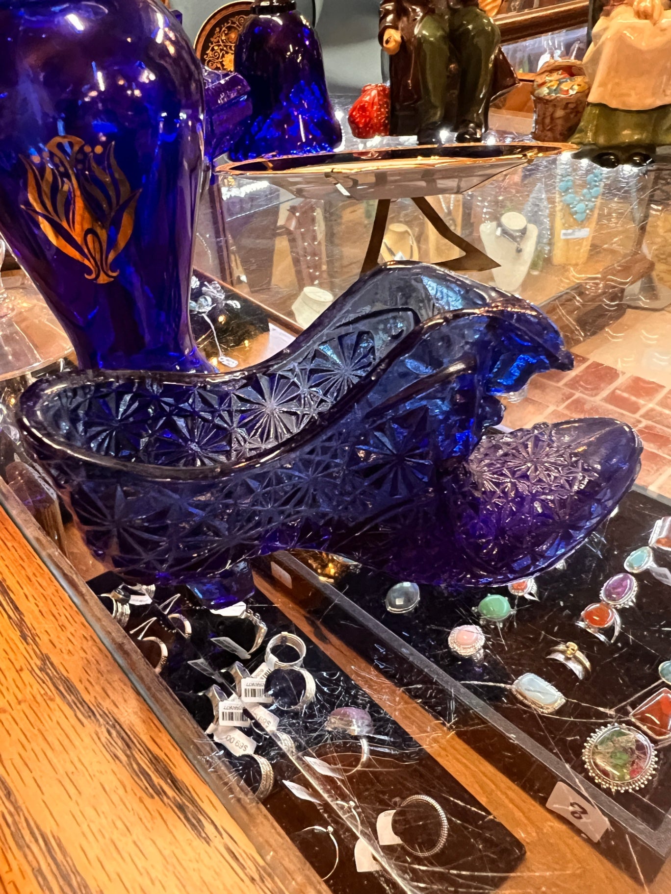 Antique Cobalt Blue Pressed Glass Boot with Figural Squirrel Head