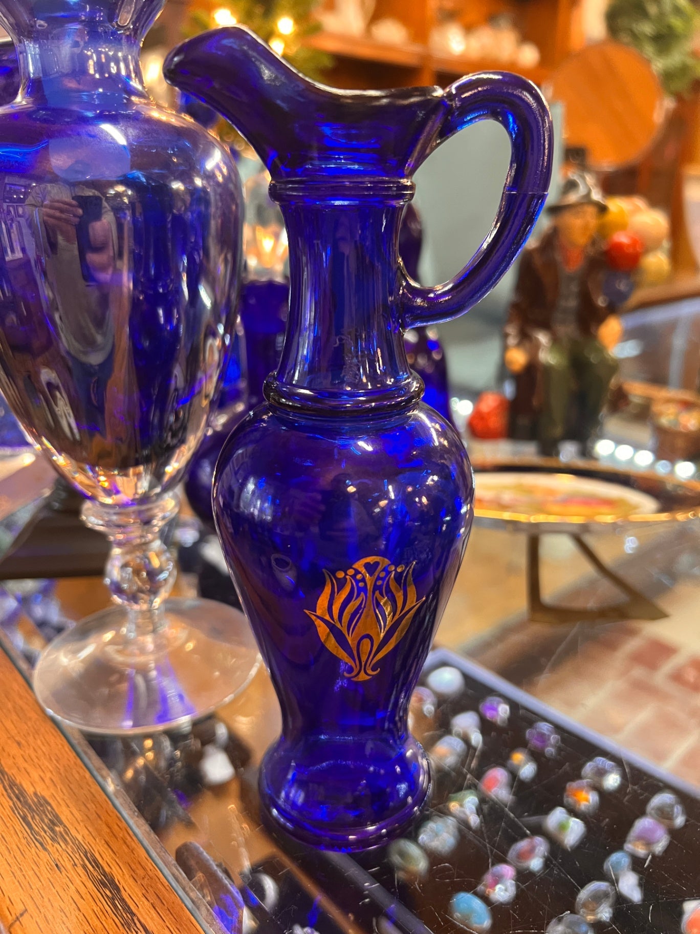 Cobalt Blue Art Glass Pitcher with Gilt Floral Motif