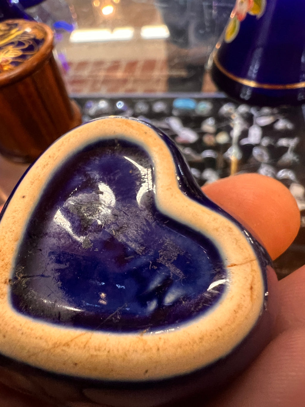 Vintage Cobalt Blue Heart-Shaped Ceramic Trinket Box with Hand-Painted Floral Decoration