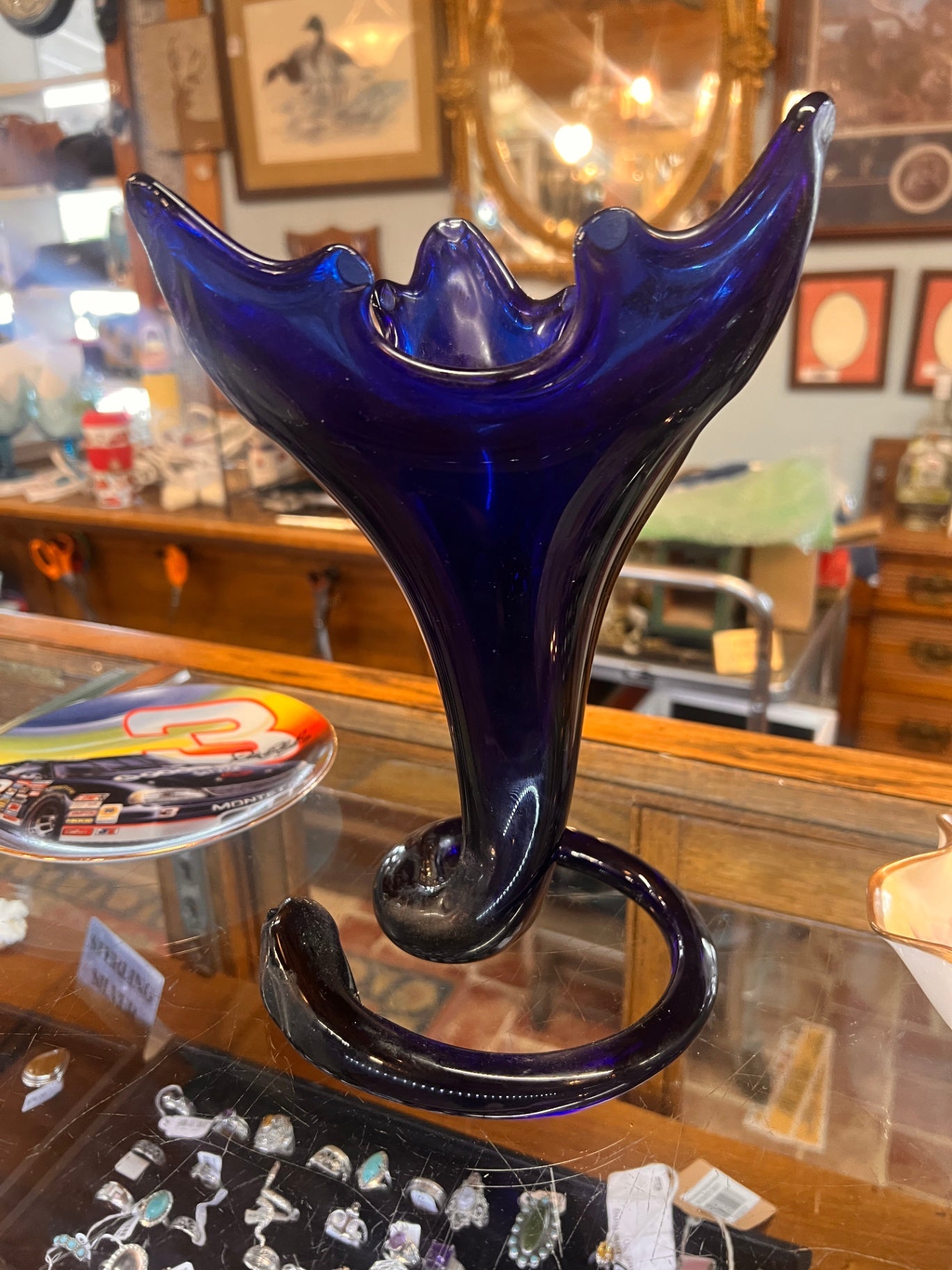 Hand-blown cobalt blue art glass trumpet vase