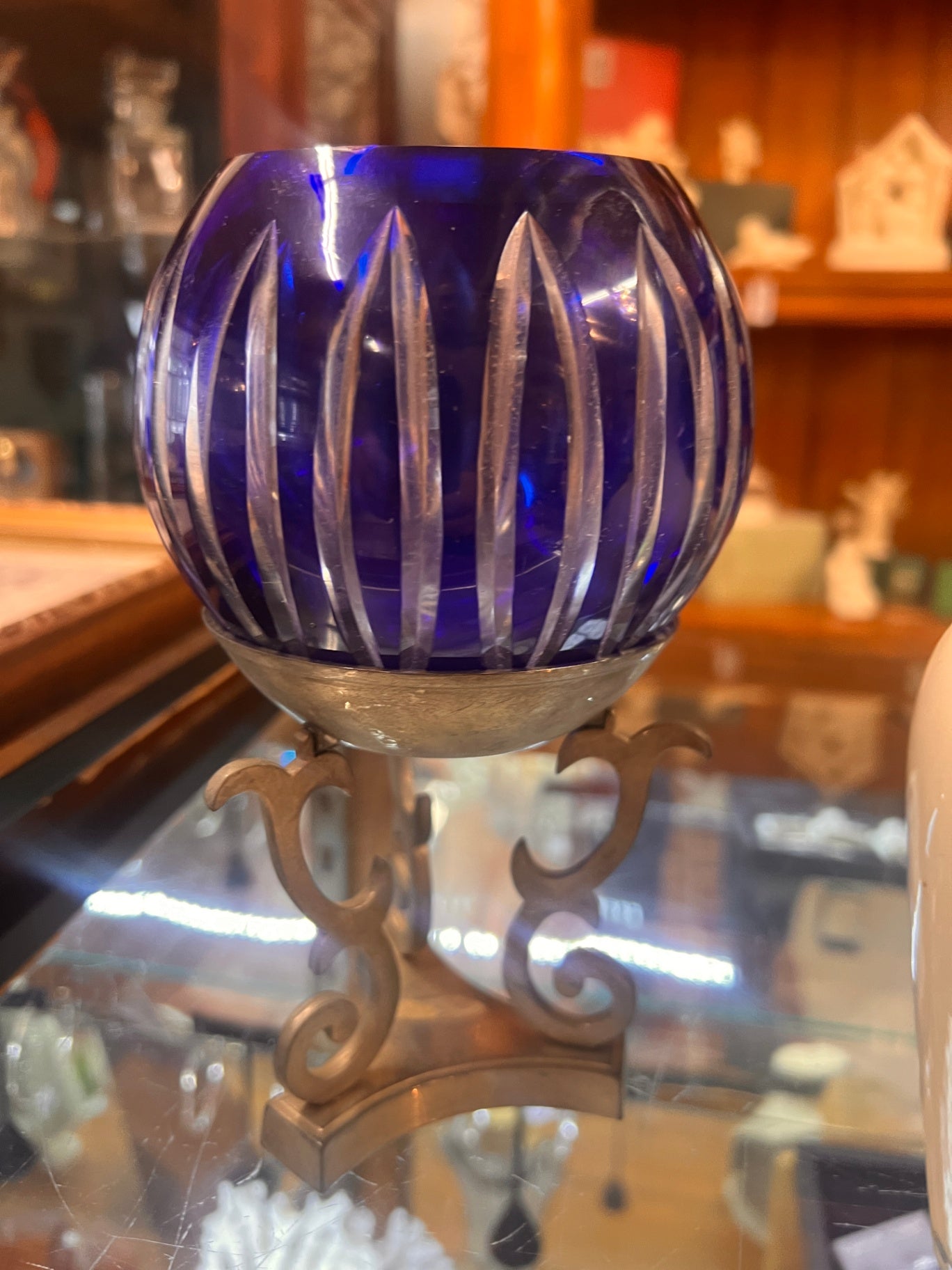 Cobalt Cut to Clear Glass Candle Holder Bowl w/ Silver Stand Made in India