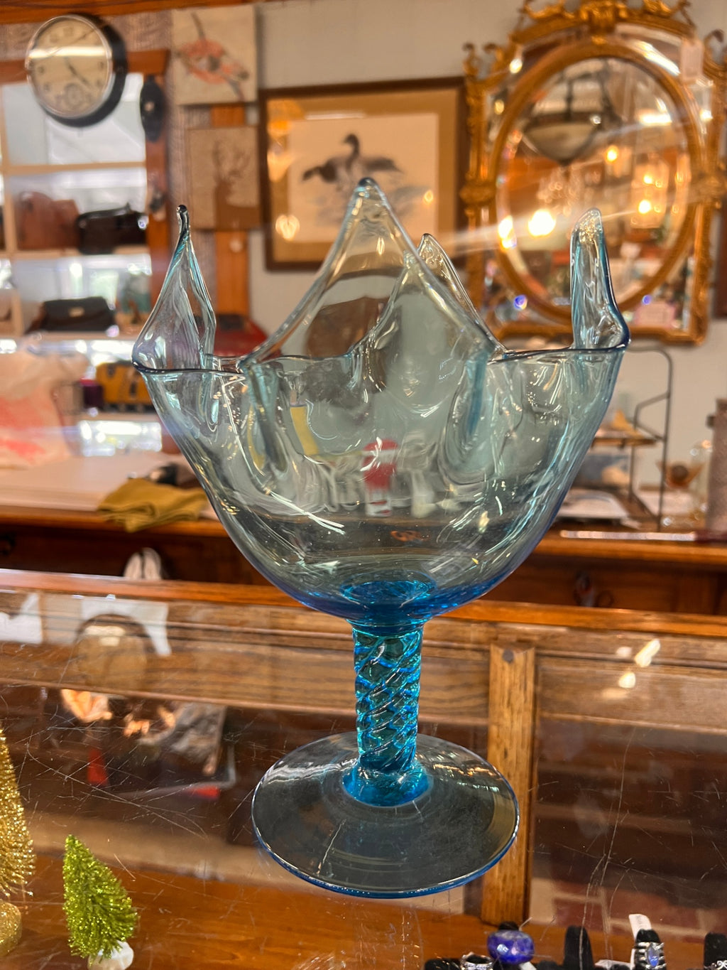 Vintage blue art glass vases set of 2