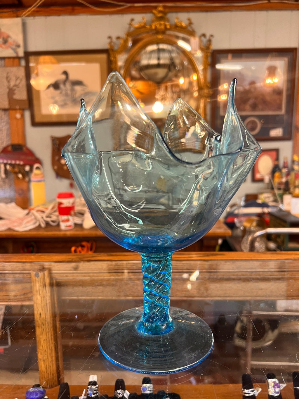 Vintage blue art glass vases set of 2