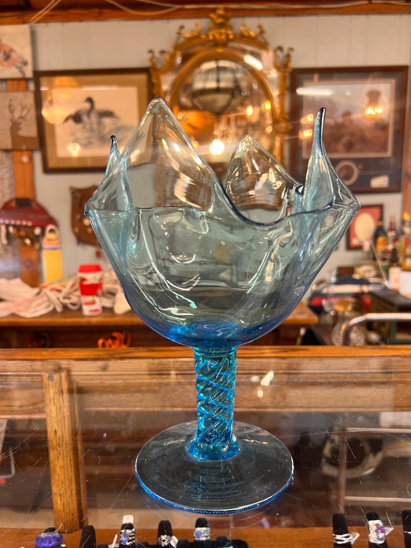 Vintage blue art glass vases set of 2