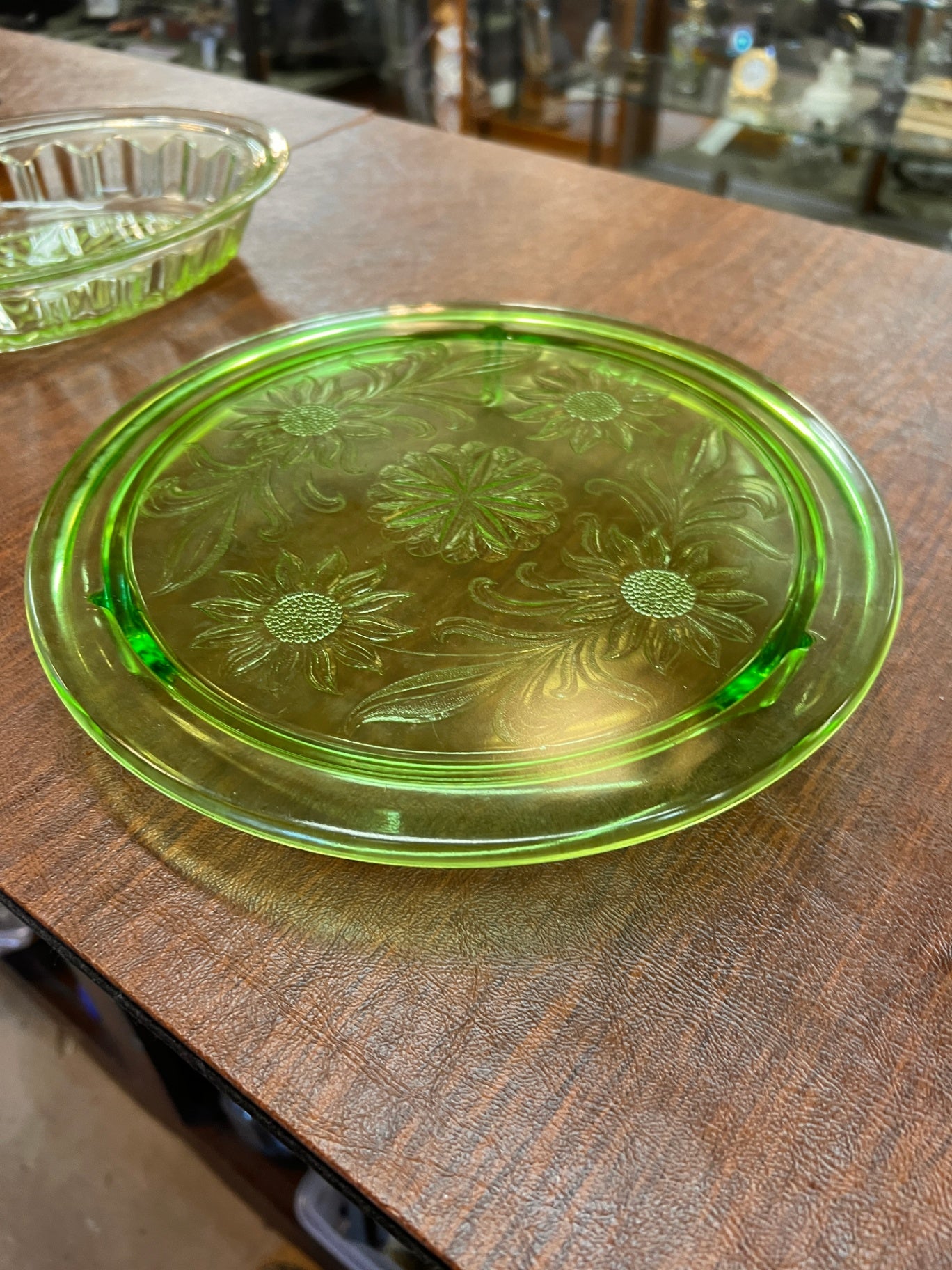 Uranium Glass Sunflower Vaseline Glass Cake Plate - Jeannette Depression Glass