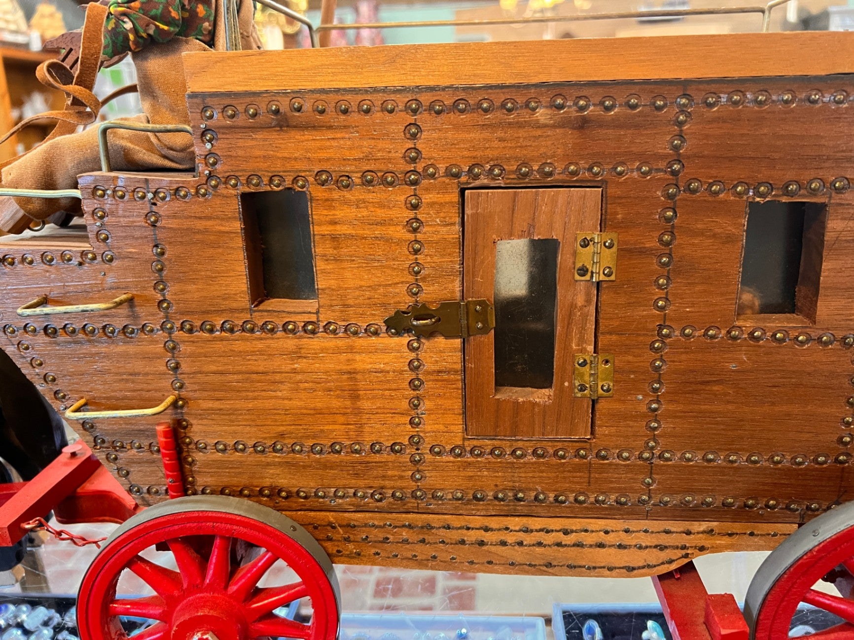 Handcrafted Wooden Stagecoach Wagon with Horses & Carved Drivers – Folk Art / Western Display Piece