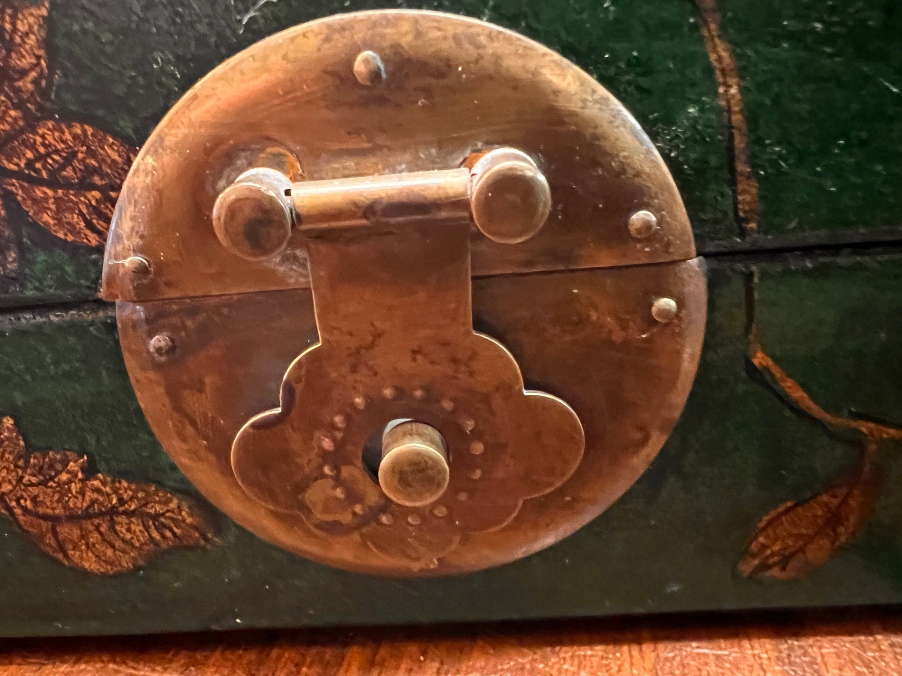 Antique Chinese Lacquered Document Box / Trinket Chest with Brass Lock – Hand-Painted Floral, Lined with Woodblock Print Paper