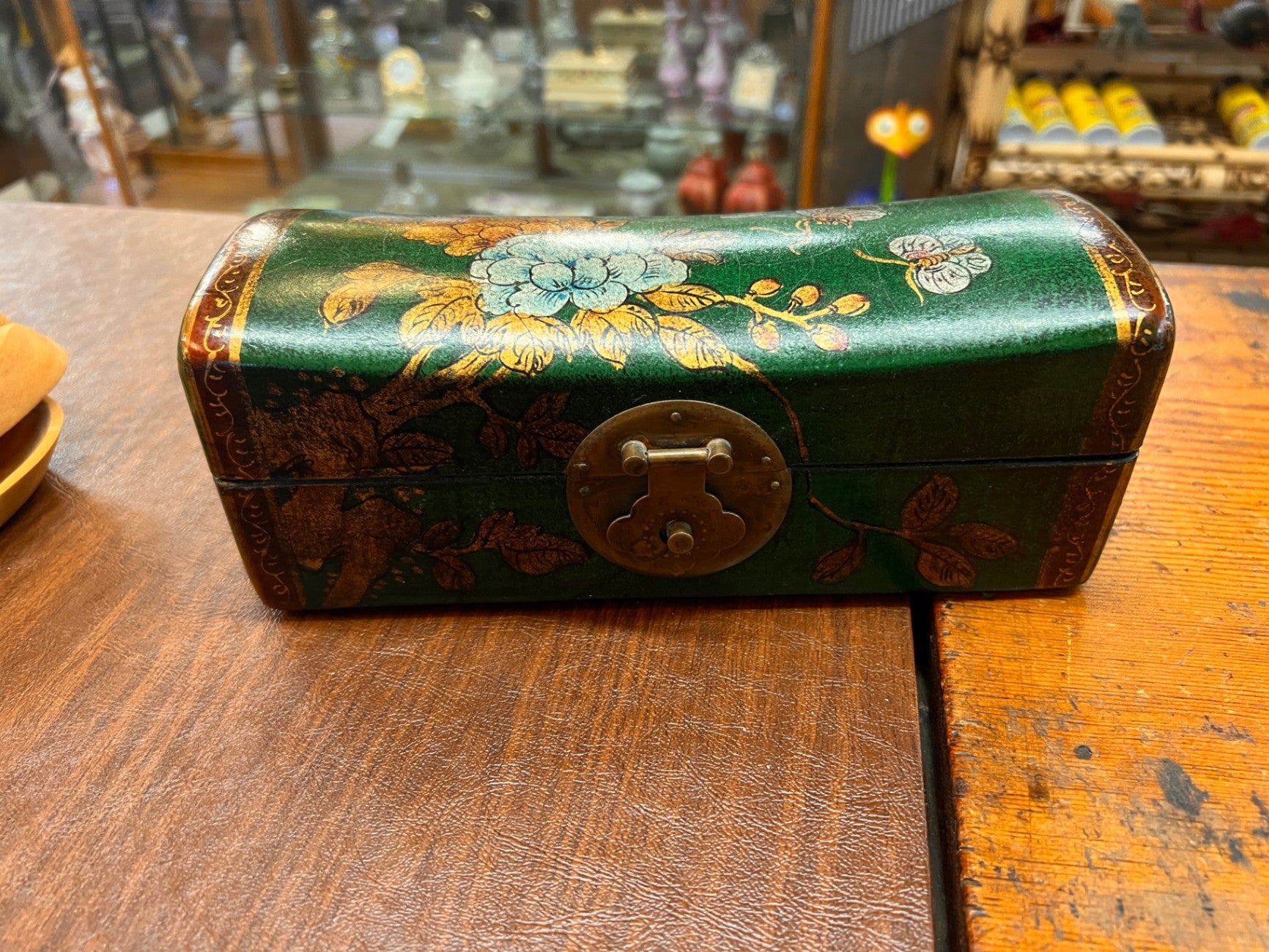 Antique Chinese Lacquered Document Box / Trinket Chest with Brass Lock – Hand-Painted Floral, Lined with Woodblock Print Paper