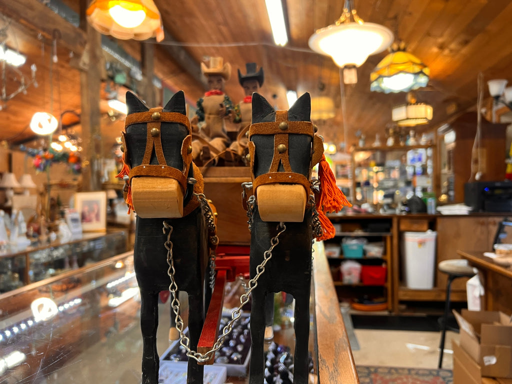 Handcrafted Wooden Stagecoach Wagon with Horses & Carved Drivers – Folk Art / Western Display Piece