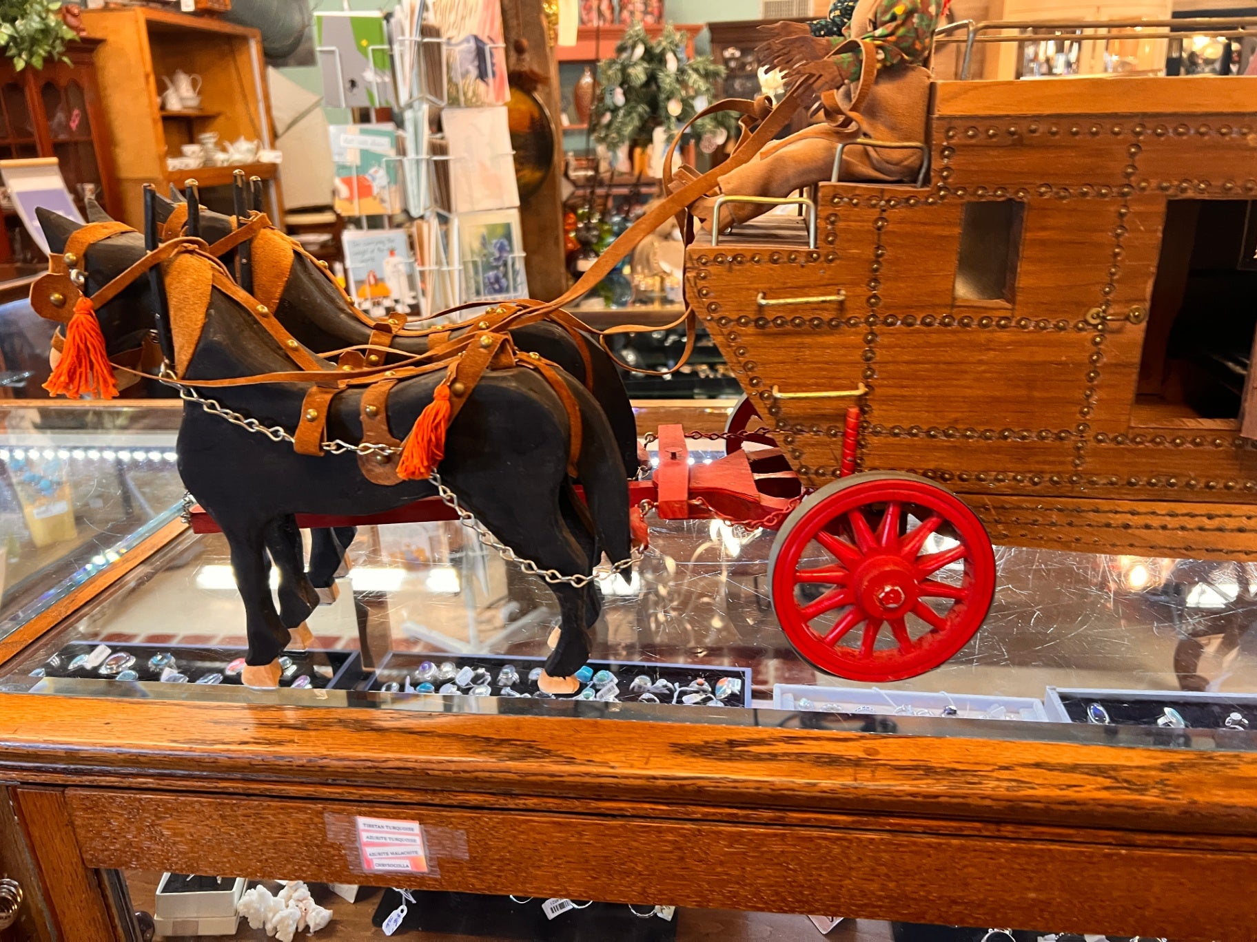 Handcrafted Wooden Stagecoach Wagon with Horses & Carved Drivers – Folk Art / Western Display Piece