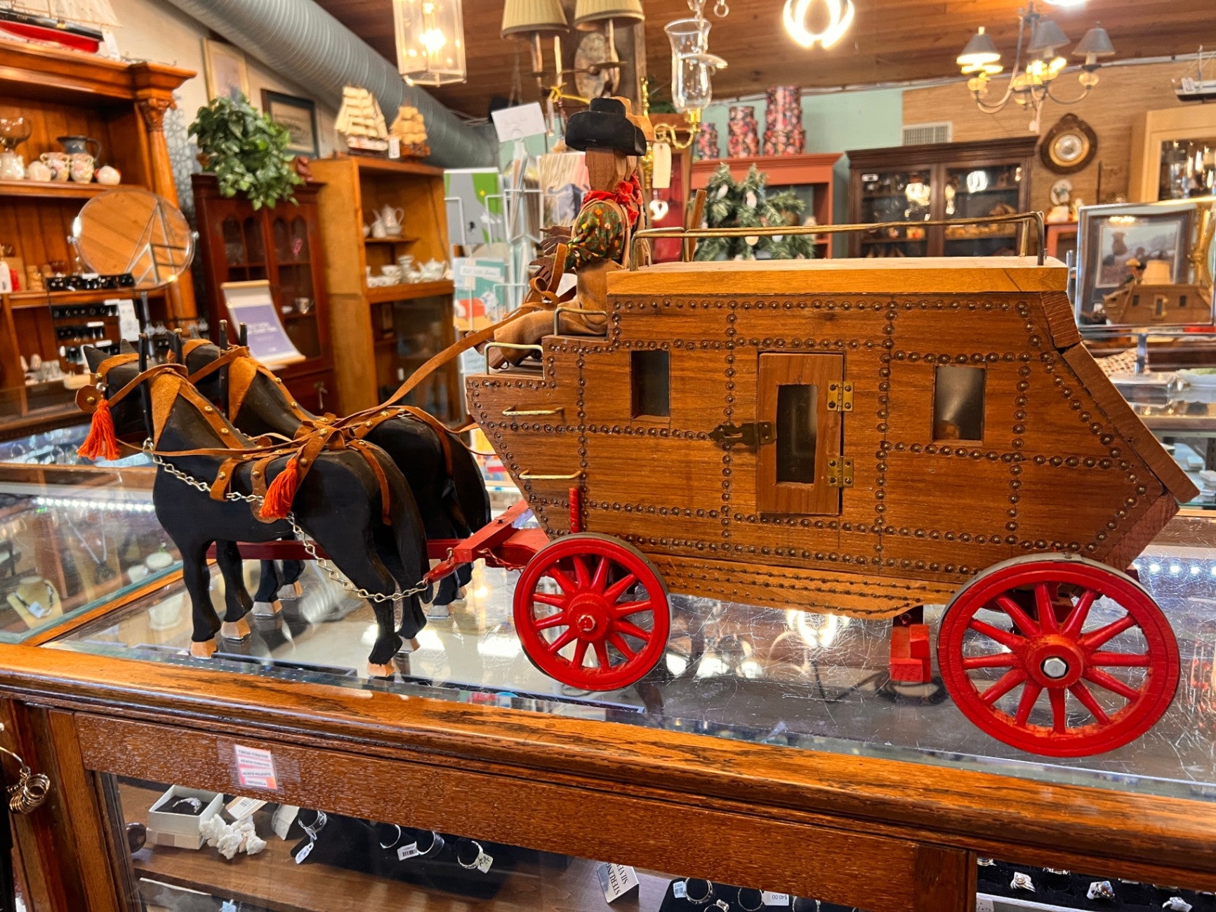 Handcrafted Wooden Stagecoach Wagon with Horses & Carved Drivers – Folk Art / Western Display Piece