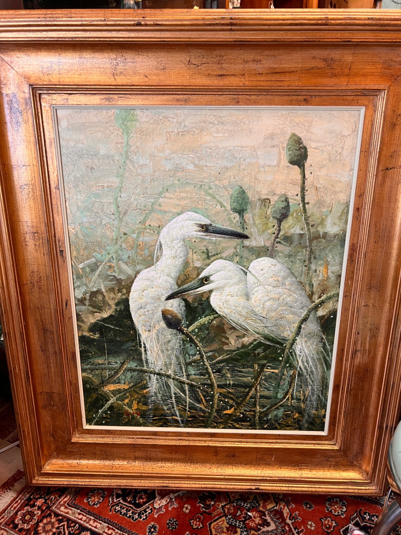 Large Framed Egret/Herring Pair Framed Oil Painting