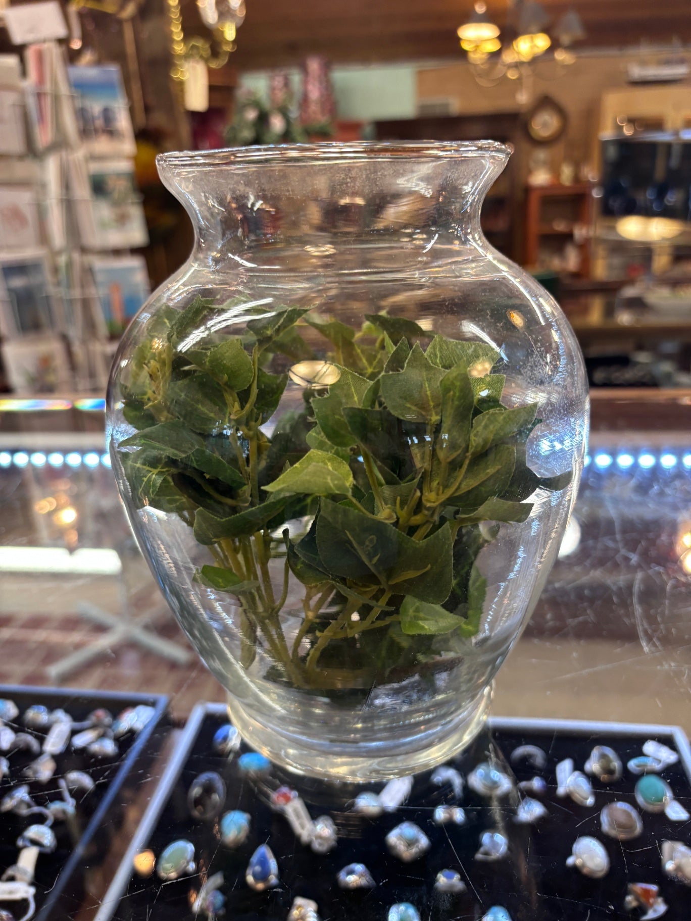  Glass vase with faux plants