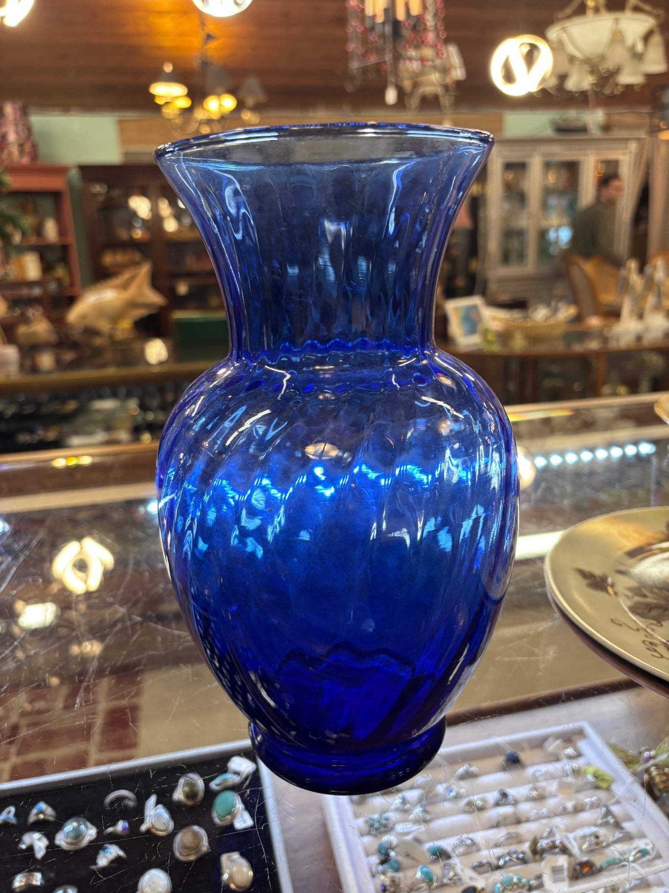 Vdiana Glass Illusions cobalt blue swirl pattern glass vase. 