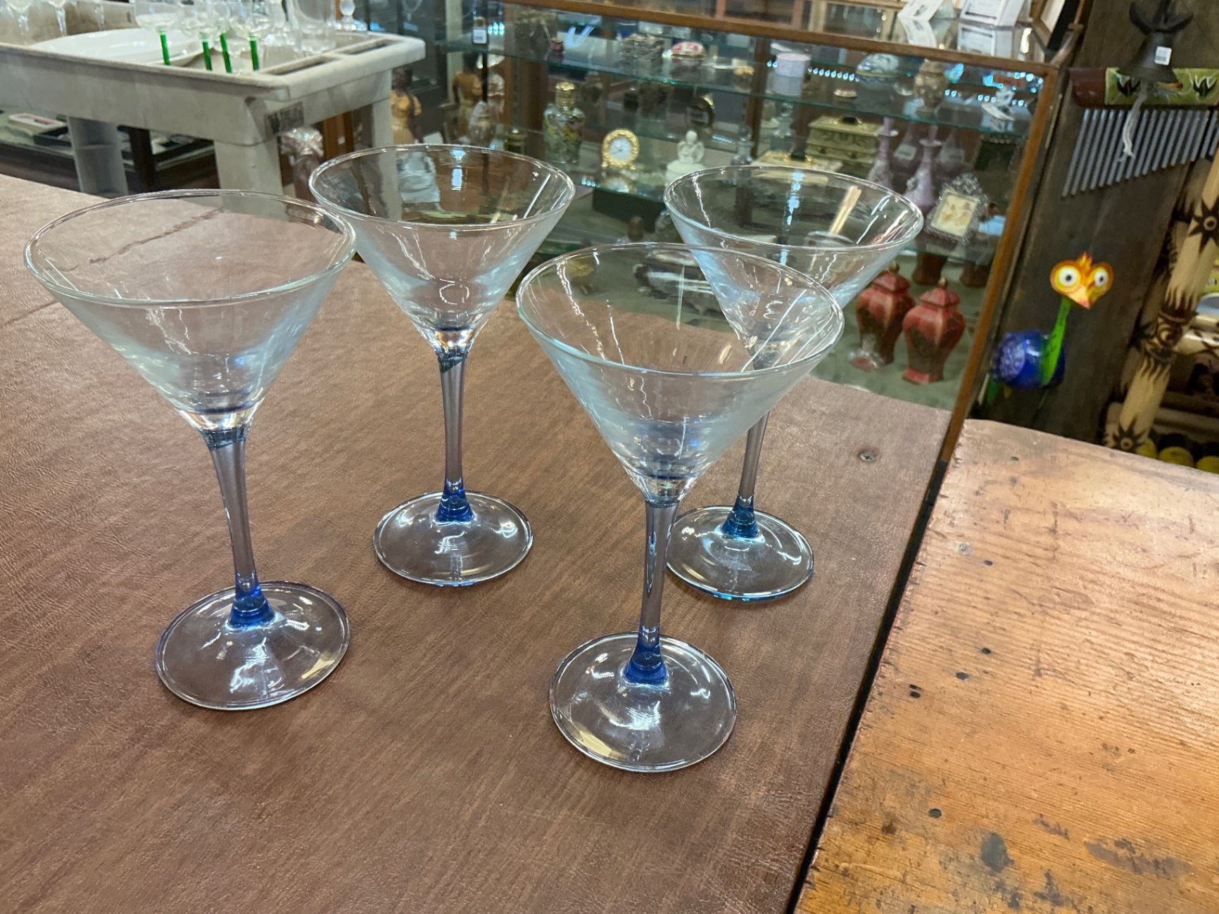 Set of 4 Blue-Stem Martini Glasses – Clear Conical Bowls, Mid-Century Style