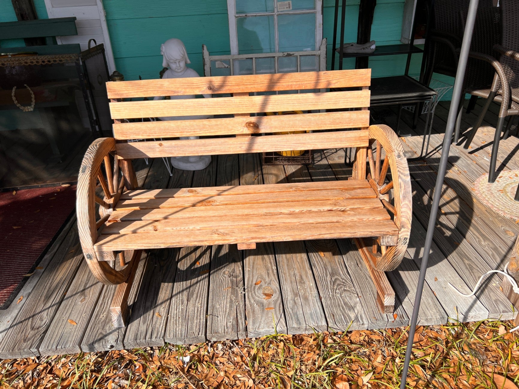 PatioFestival Outdoor Bench Wooden Rustic Patio Bench Wagon Wheel Porch Bench for Garden,Porch,Yard(Wooden Color,45"x21"x32")