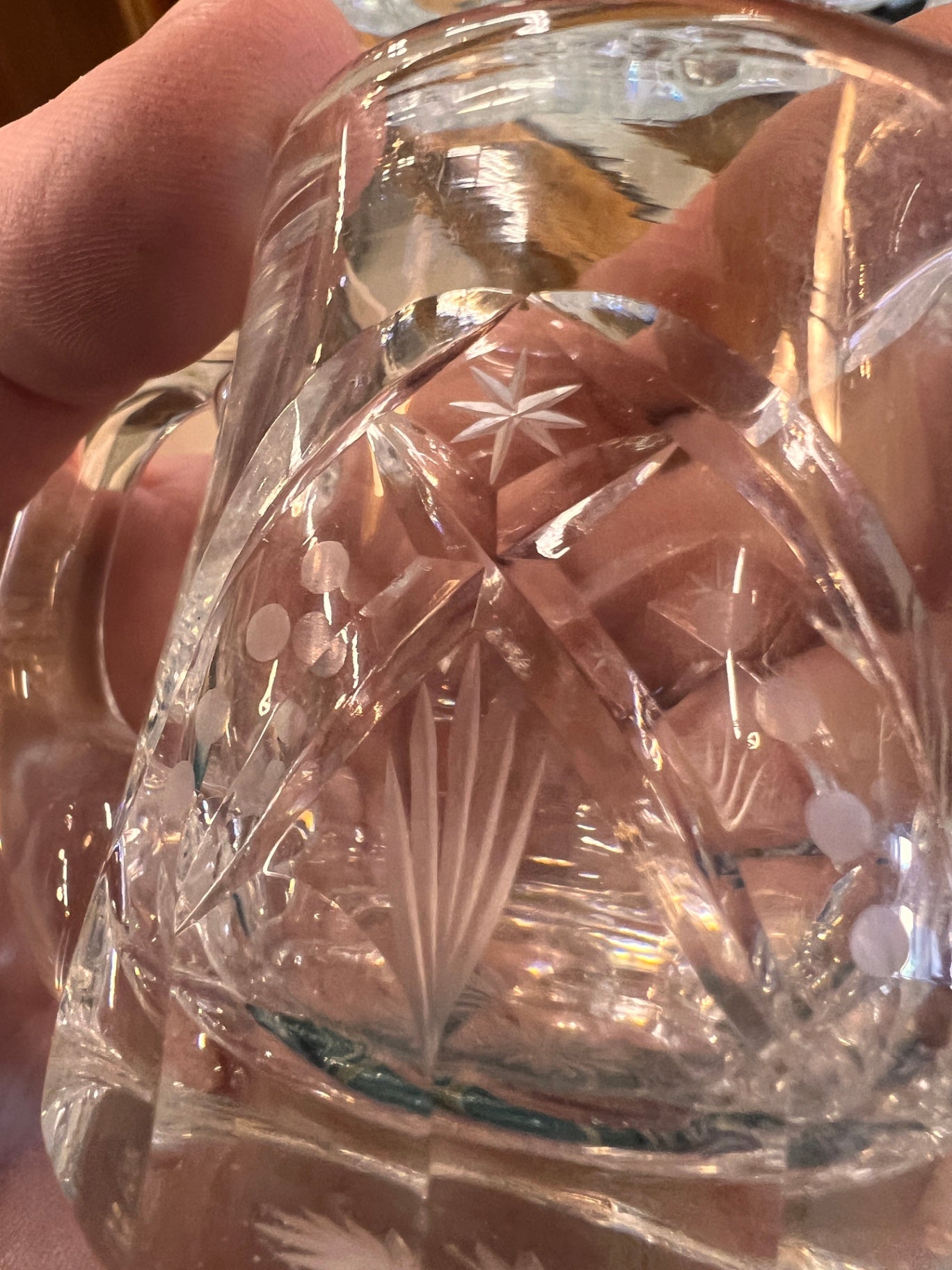 Antique Vintage Crystal Cut Etched Glass MINIATURE CREAMER PITCHER Star Base