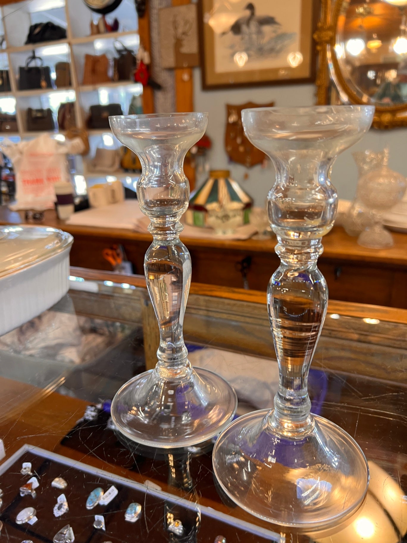 Pair of SPINDLE Style Clear GLASS CANDLESTICK HOLDERS Curvy Design