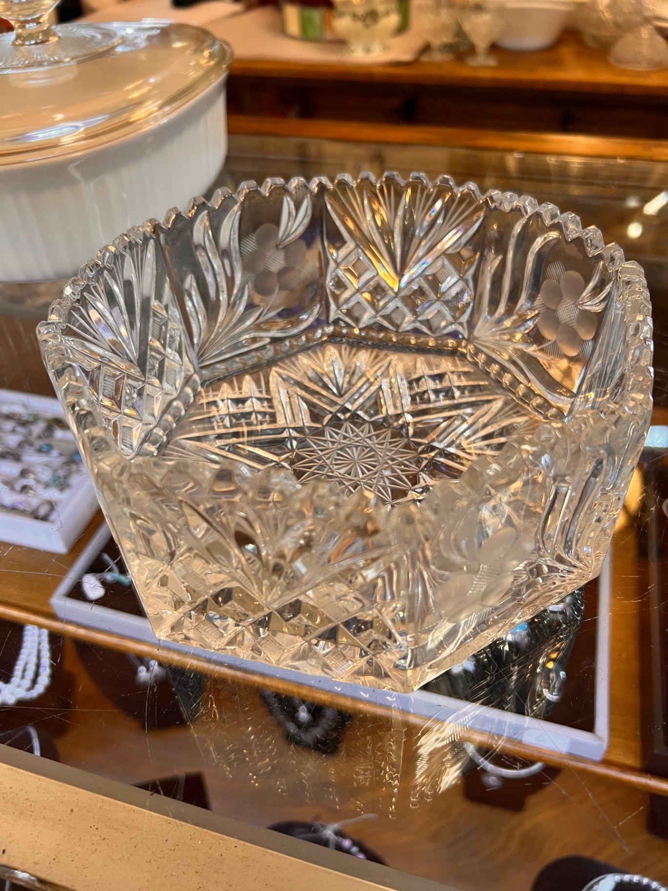 Vintage Violetta Crystal Octagon 7.5” Poland Etched Flowers Cut Glass