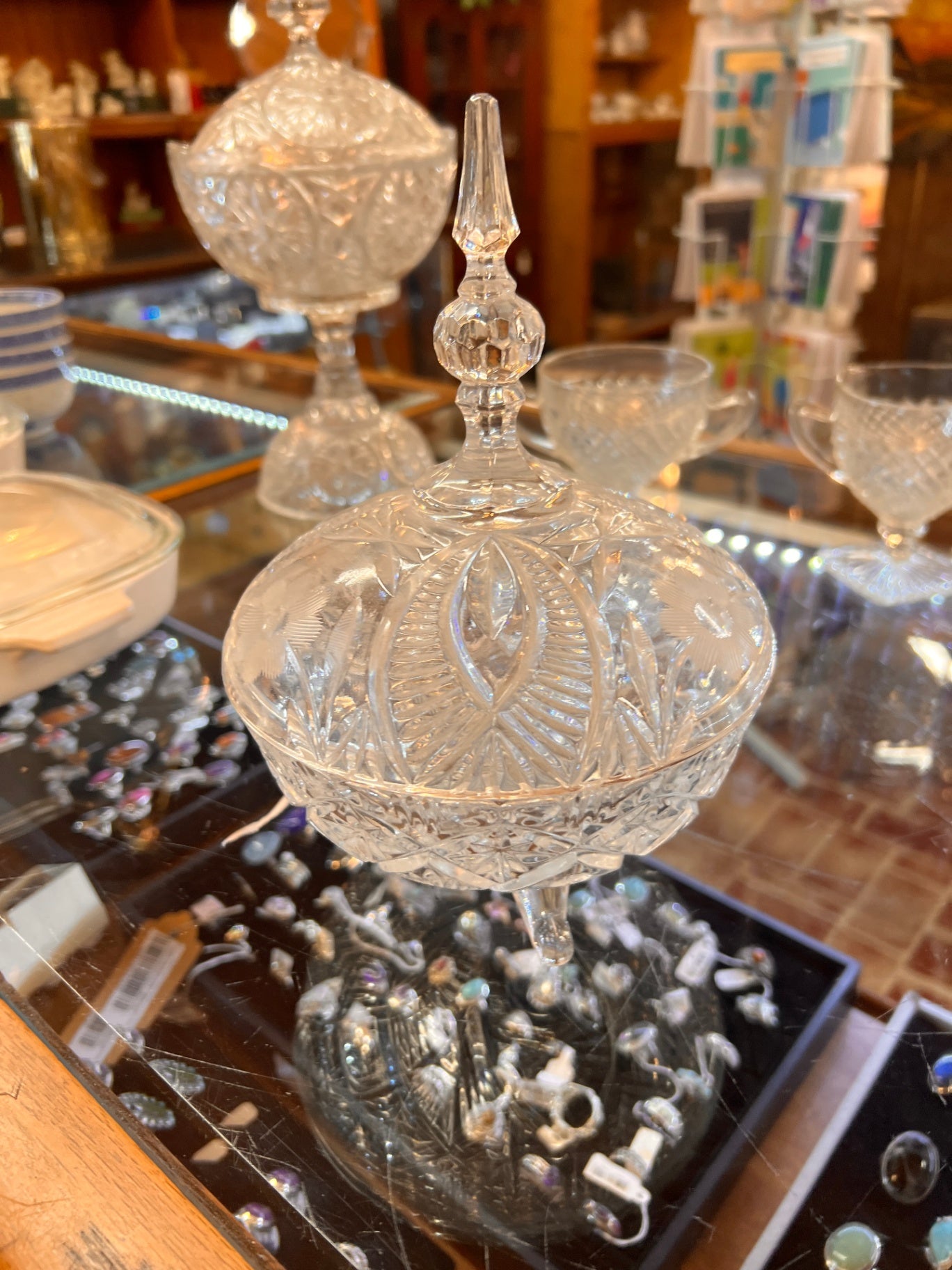 Vintage Crystal Covered Candy Dish, Pinwheel Pattern, Spire Handle