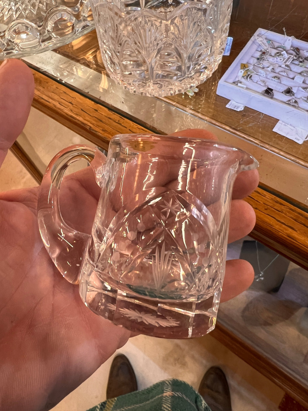 Antique Vintage Crystal Cut Etched Glass MINIATURE CREAMER PITCHER Star Base
