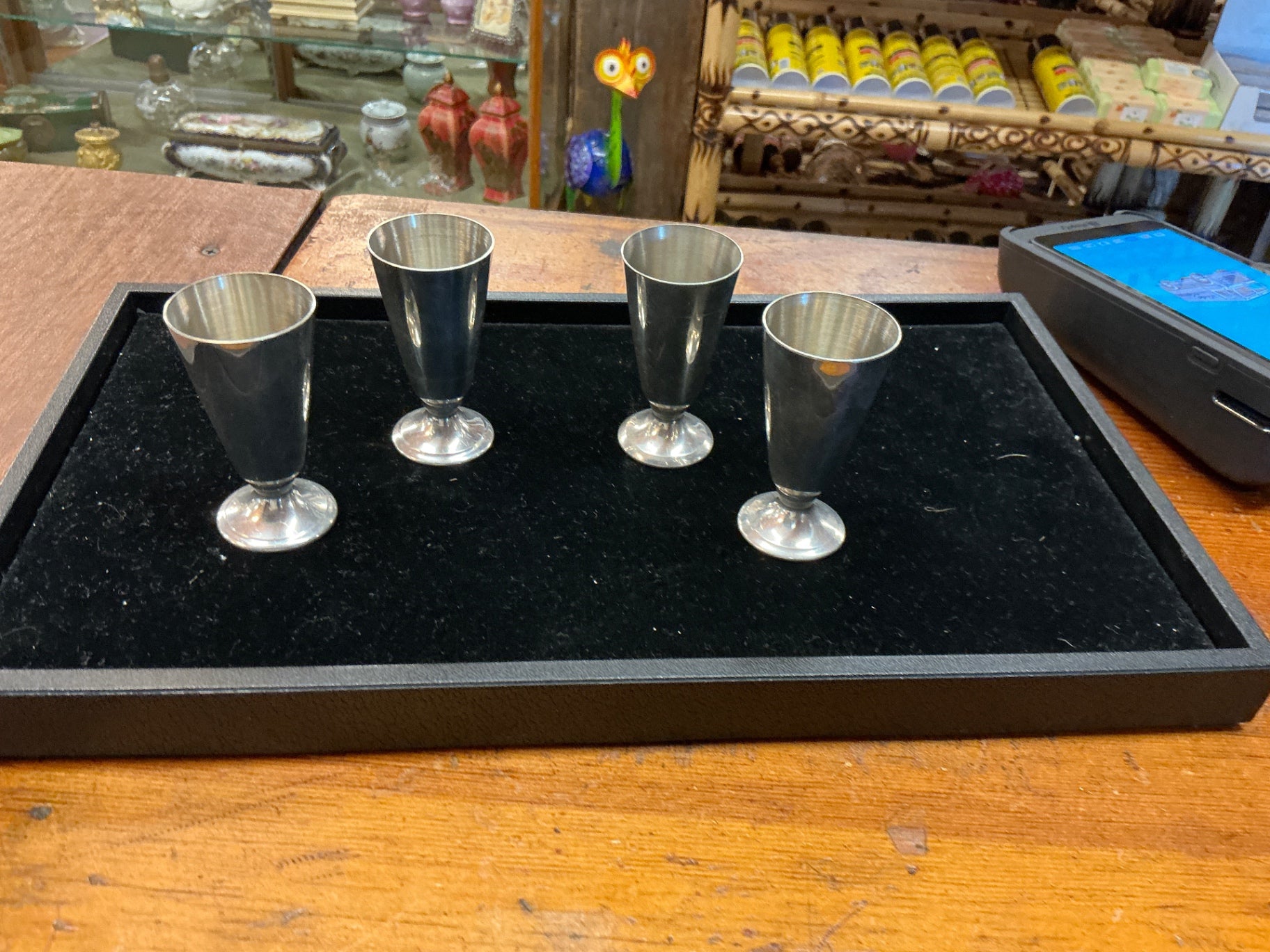 Set of 4 Pewter Cordial / Liqueur Goblets – Pedestal Foot, Mid-Century Barware