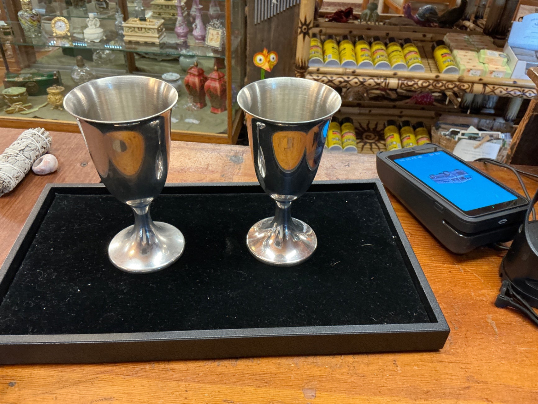 Pair of Pewter Cordial / Liqueur Goblets – Pedestal Base, Mid-Century Style