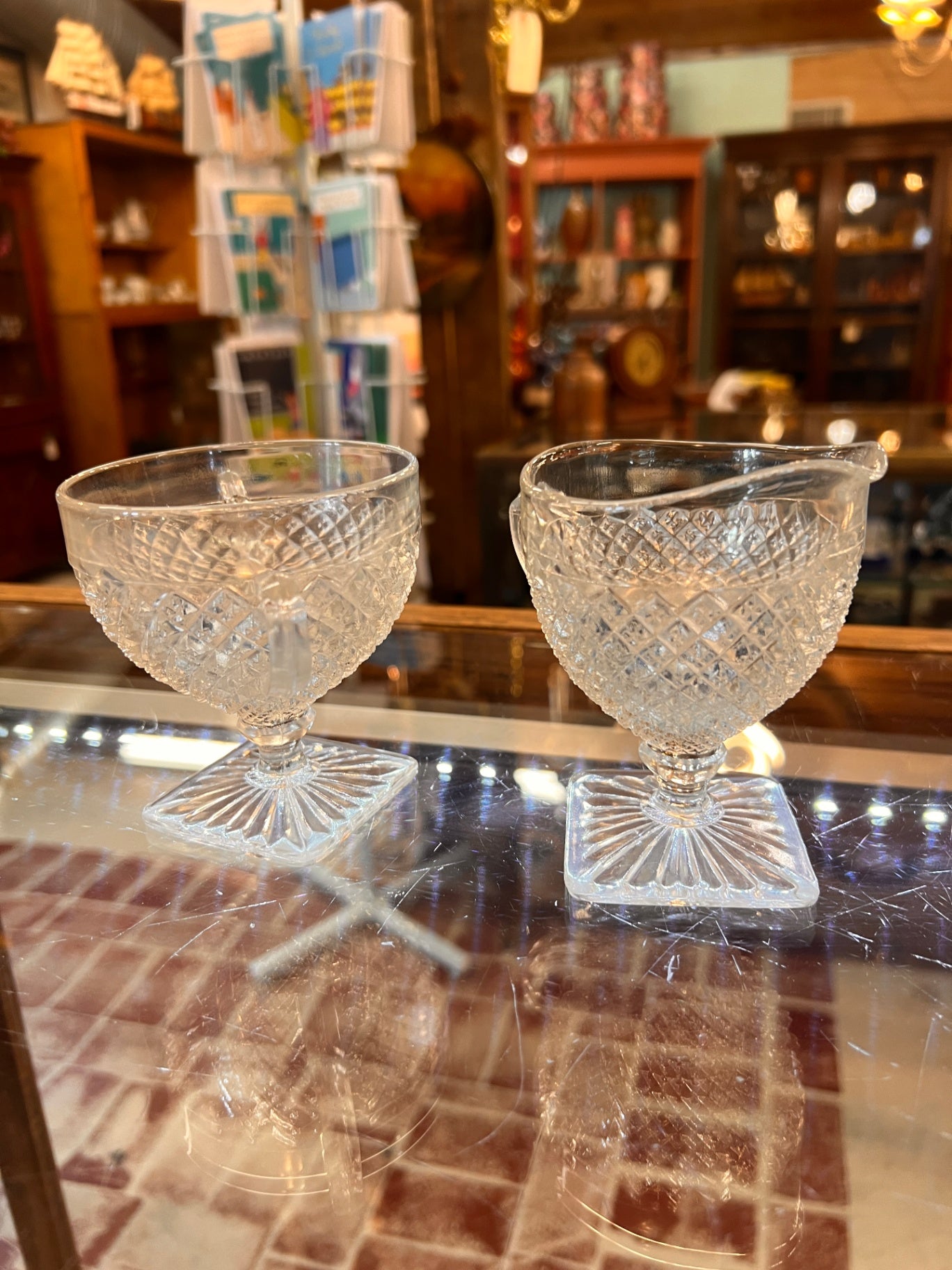 VTG Anchor Hocking Miss America Hobnail Square Foot Creamer and Sugar Set