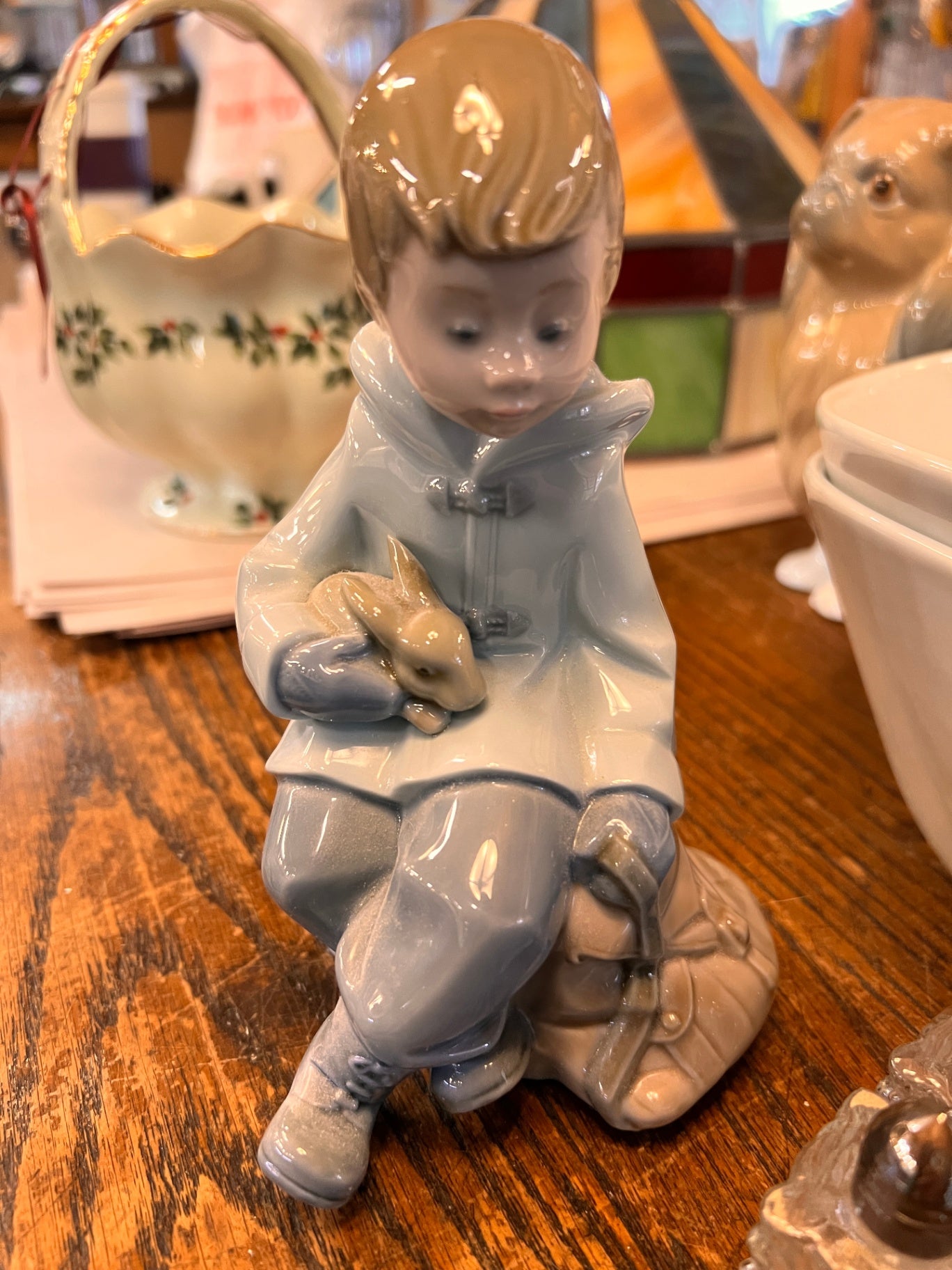 Nao By Lladró #1037 ‘Seated Boy In Duffle Coat With Rabbit & Rucksack’ Ex Cond