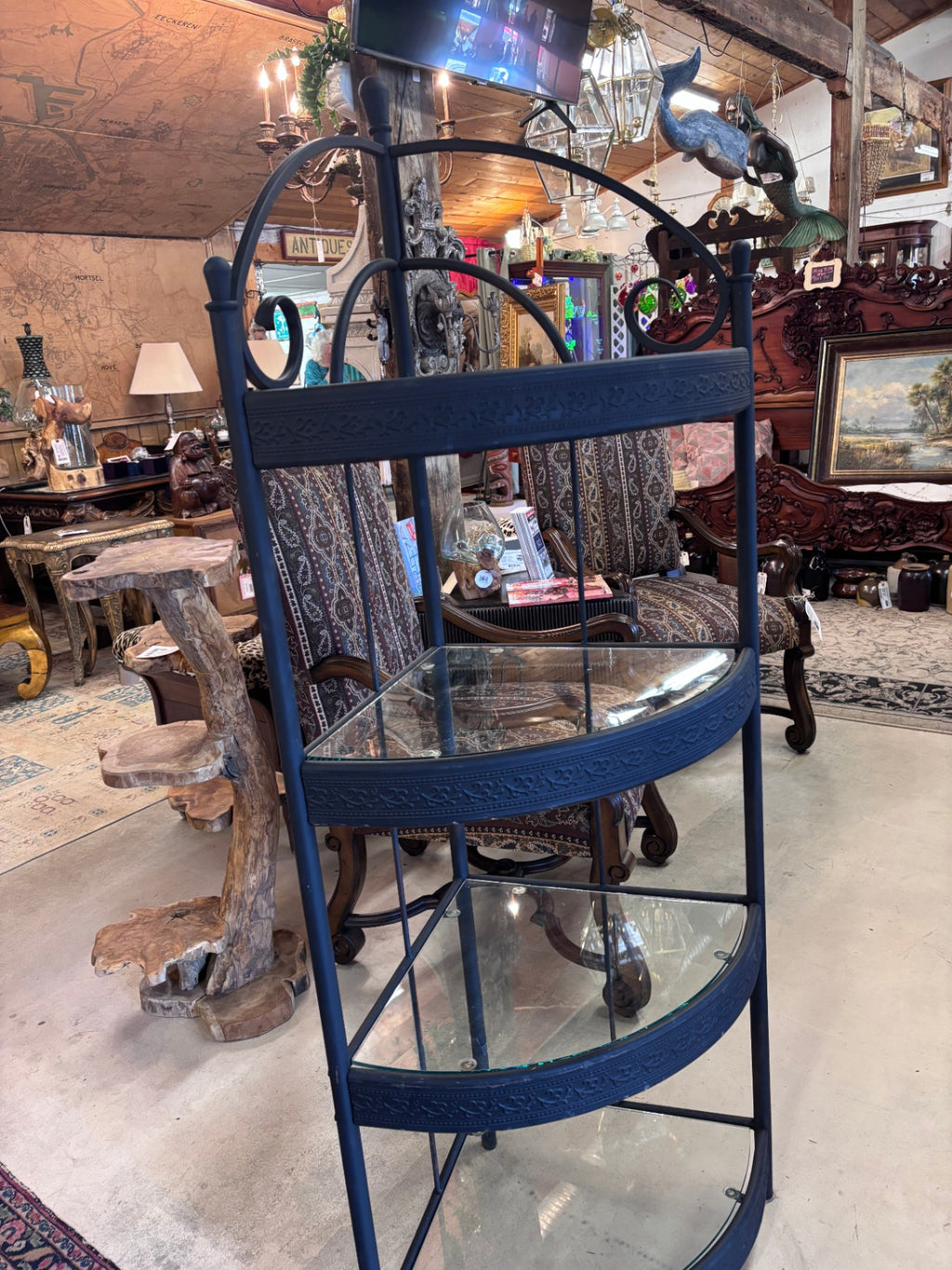 Black metal and glass 3-tier corner shelf unit Bakers Rack